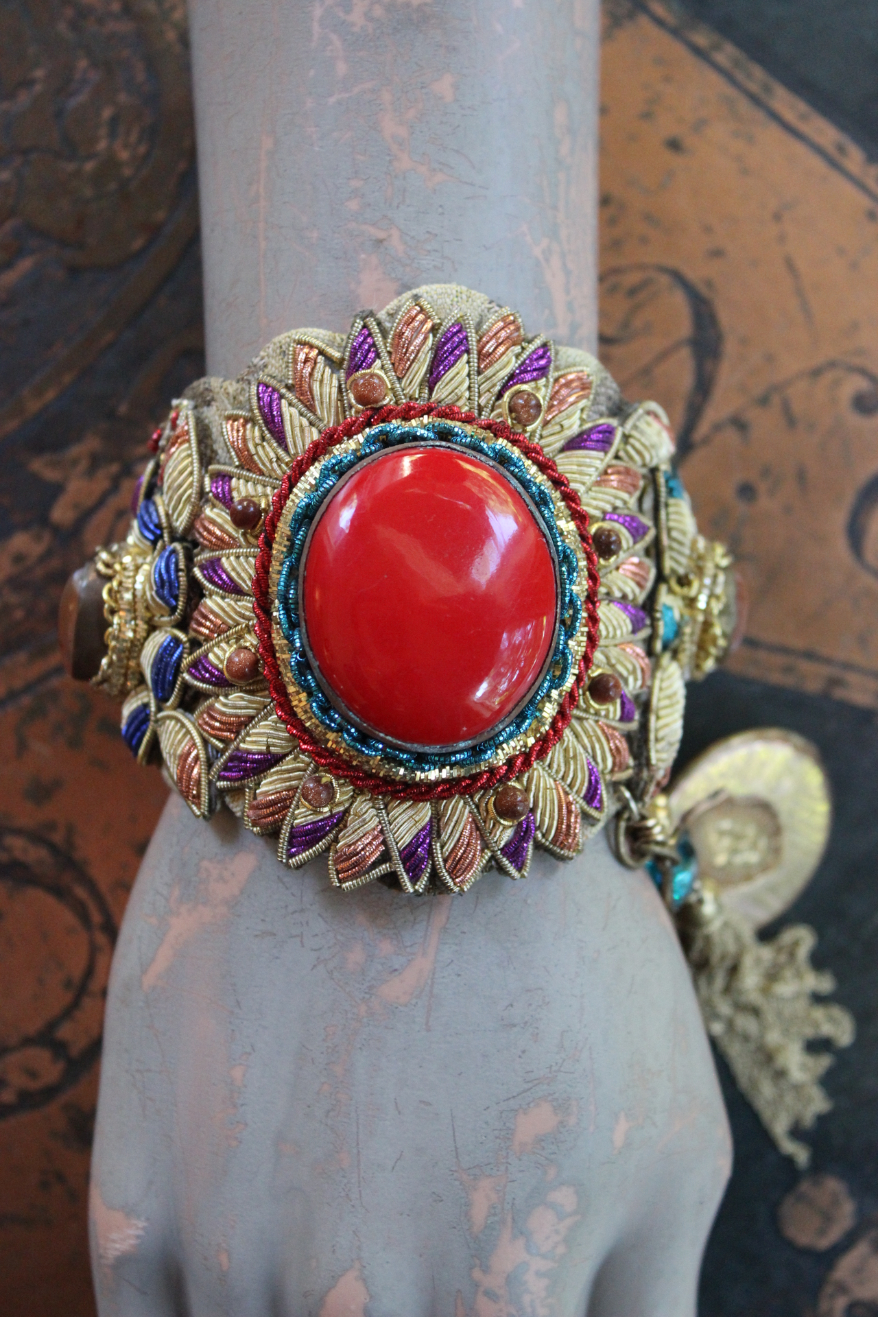 Antique Real Gold Metal & Gemstone Red Coral Textile Cuff Bracelet with Antique Rolled Gold Locket,Antique French Marian Medal & More!