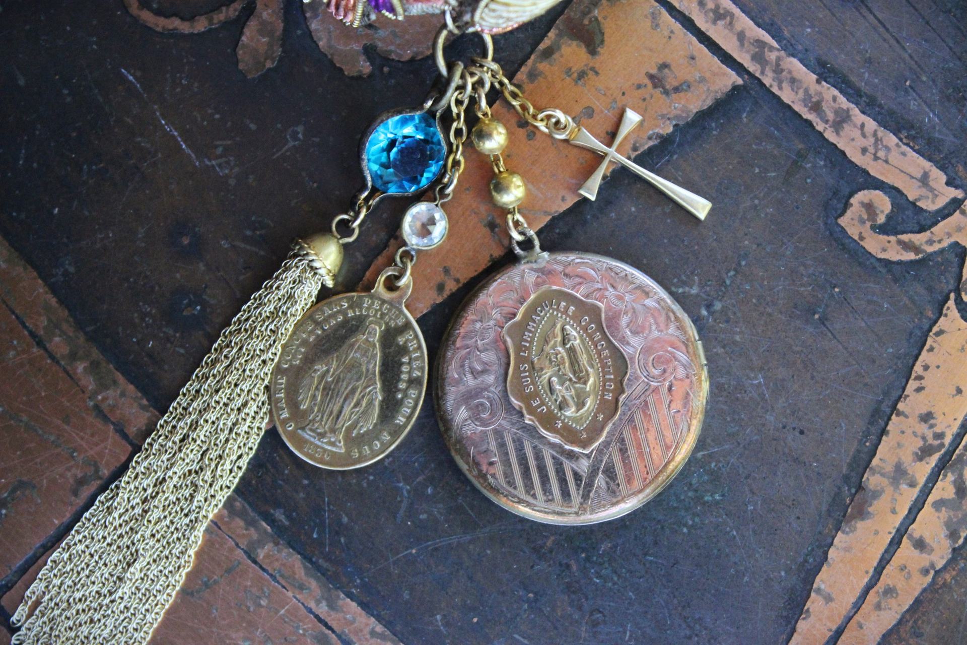 Antique Real Gold Metal & Gemstone Red Coral Textile Cuff Bracelet with Antique Rolled Gold Locket,Antique French Marian Medal & More!