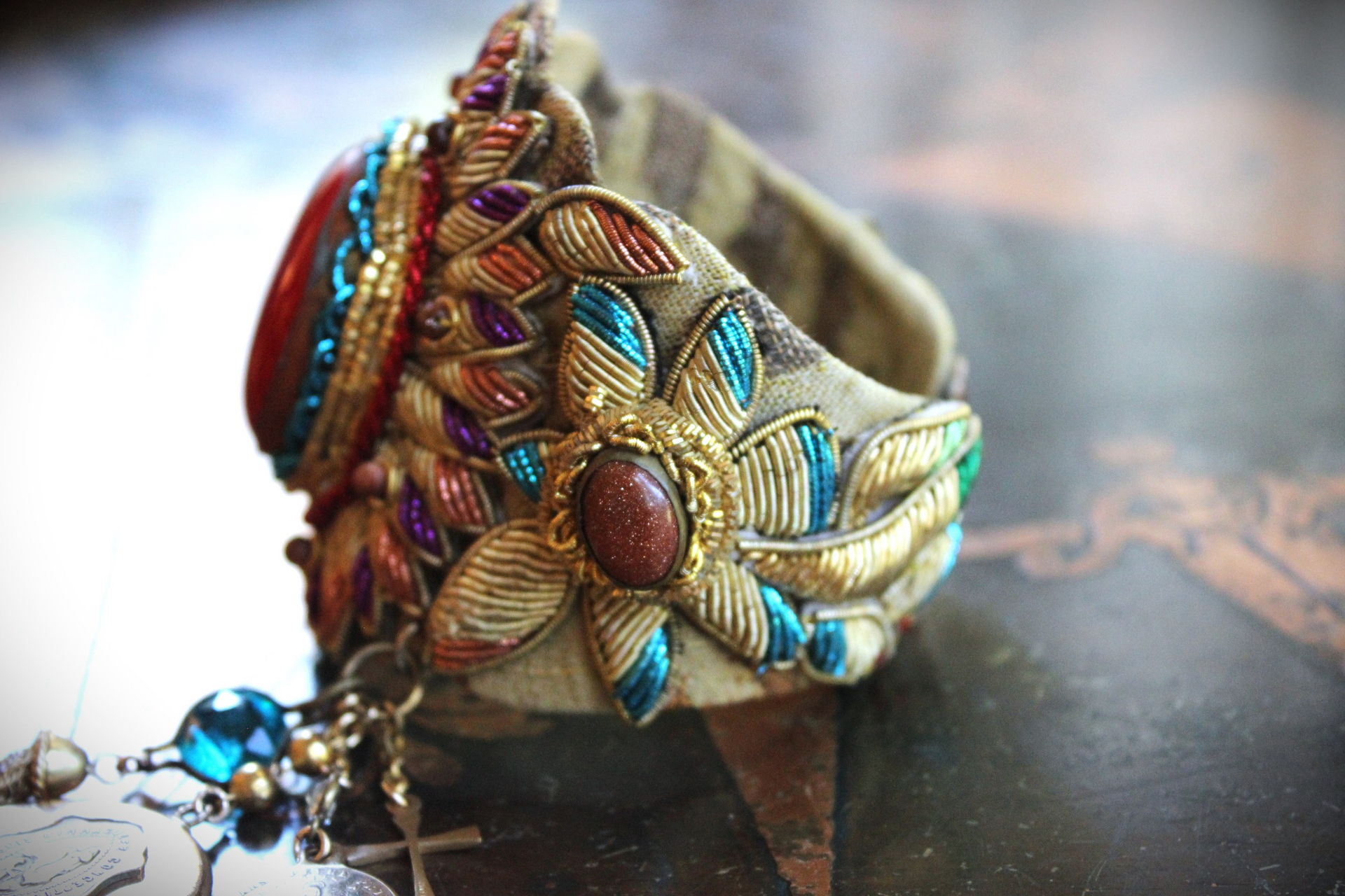 Antique Real Gold Metal & Gemstone Red Coral Textile Cuff Bracelet with Antique Rolled Gold Locket,Antique French Marian Medal & More!