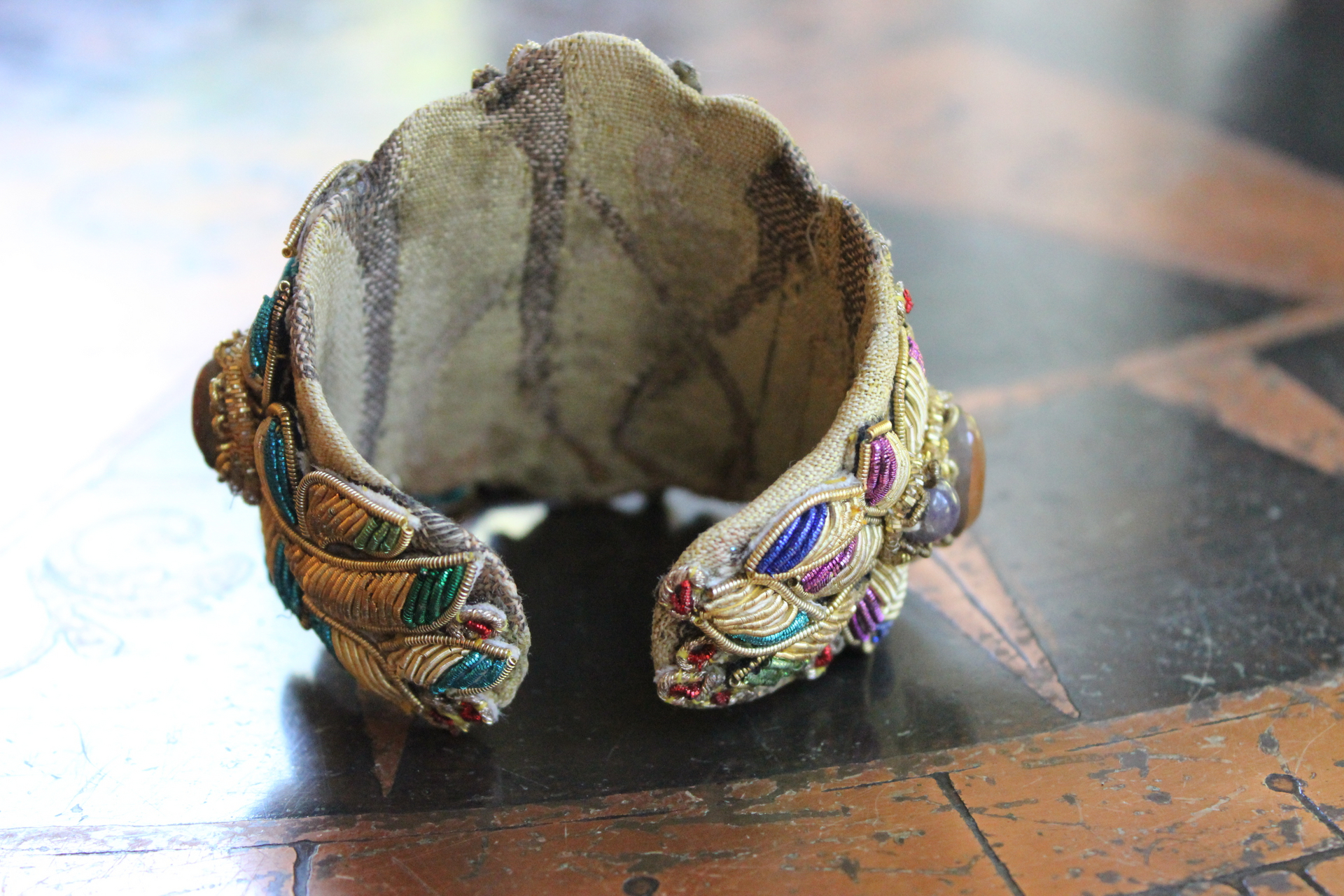 Antique Real Gold Metal & Gemstone Red Coral Textile Cuff Bracelet with Antique Rolled Gold Locket,Antique French Marian Medal & More!