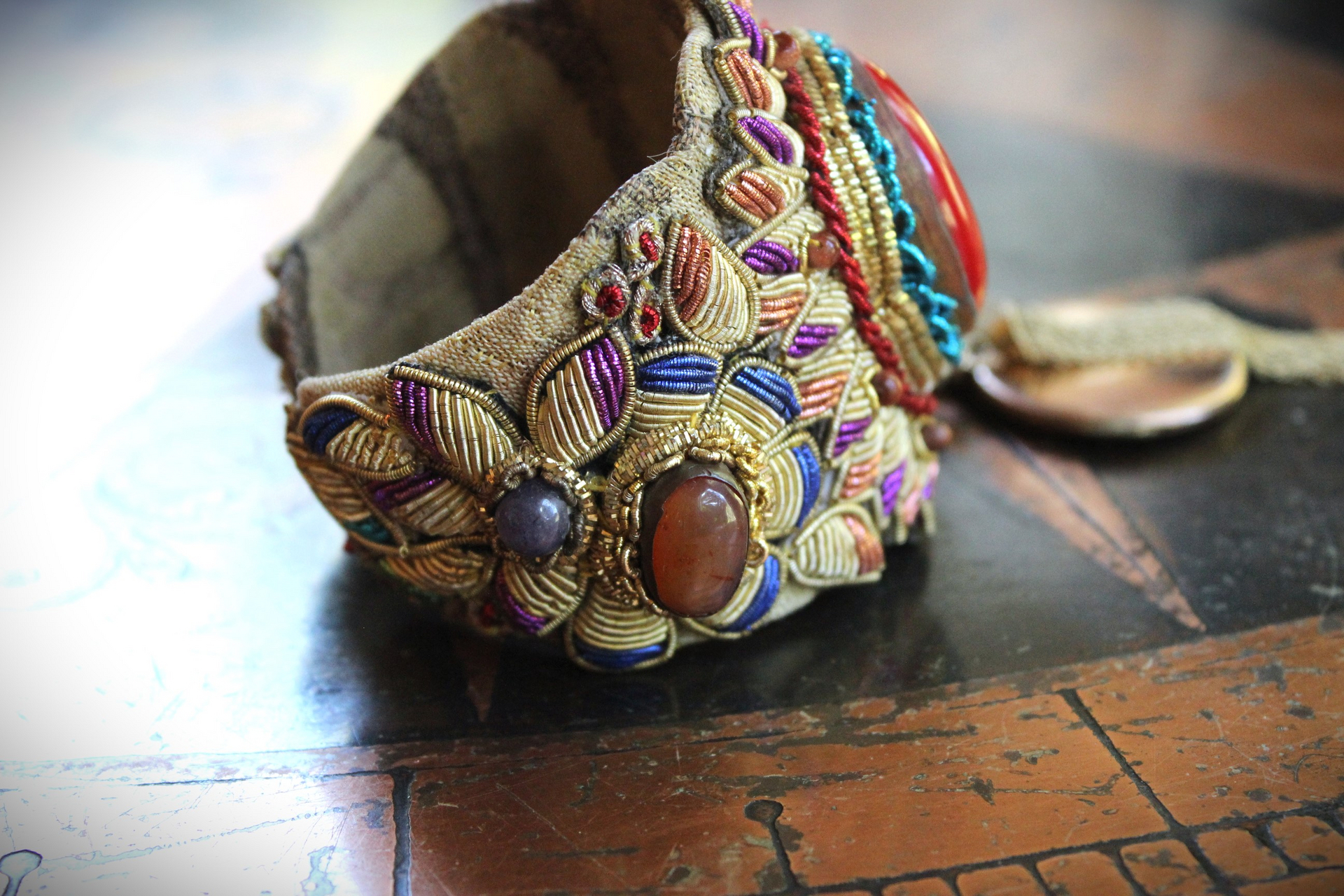 Antique Real Gold Metal & Gemstone Red Coral Textile Cuff Bracelet with Antique Rolled Gold Locket,Antique French Marian Medal & More!