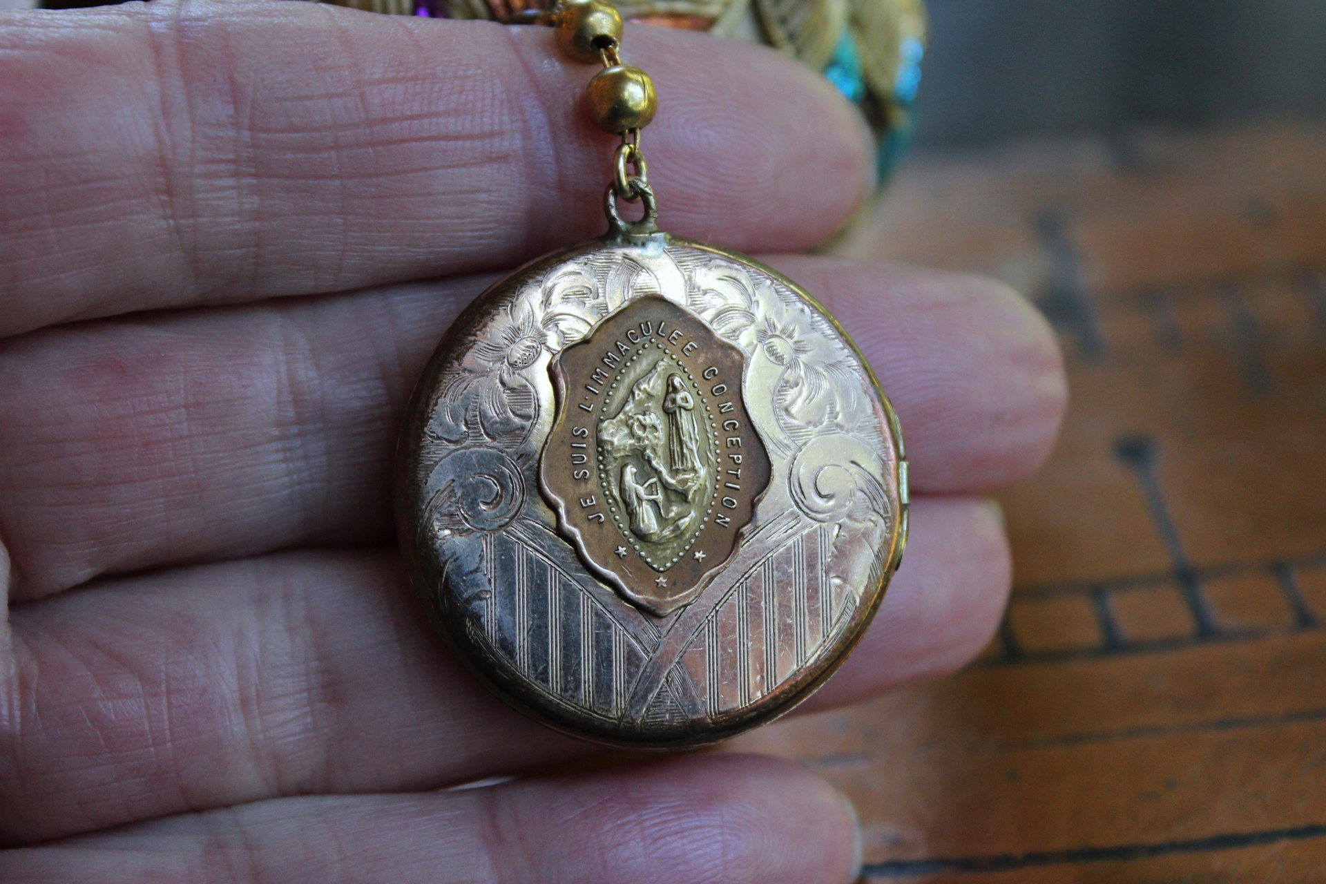 Antique Real Gold Metal & Gemstone Red Coral Textile Cuff Bracelet with Antique Rolled Gold Locket,Antique French Marian Medal & More!