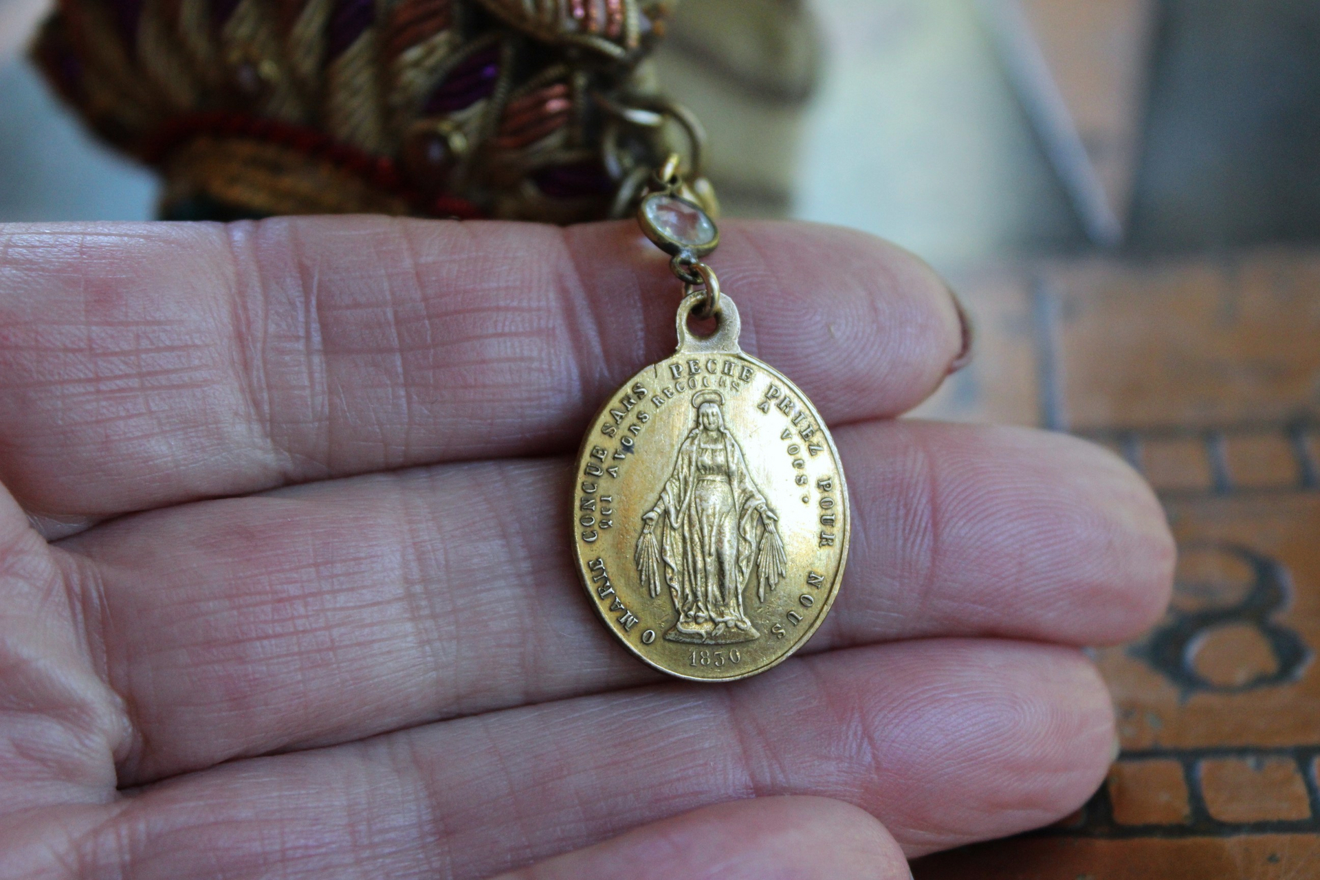 Antique Real Gold Metal & Gemstone Red Coral Textile Cuff Bracelet with Antique Rolled Gold Locket,Antique French Marian Medal & More!