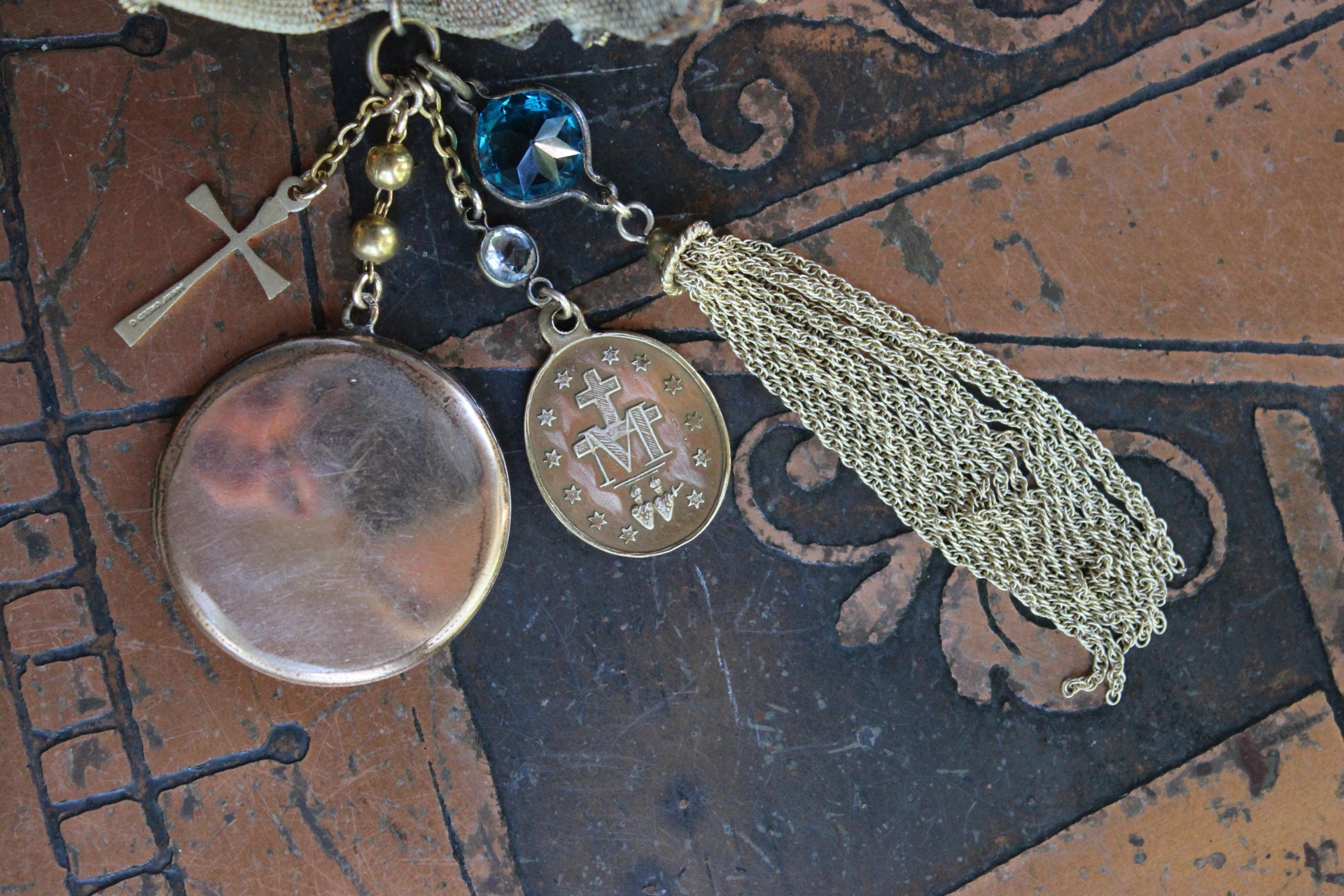 Antique Real Gold Metal & Gemstone Red Coral Textile Cuff Bracelet with Antique Rolled Gold Locket,Antique French Marian Medal & More!