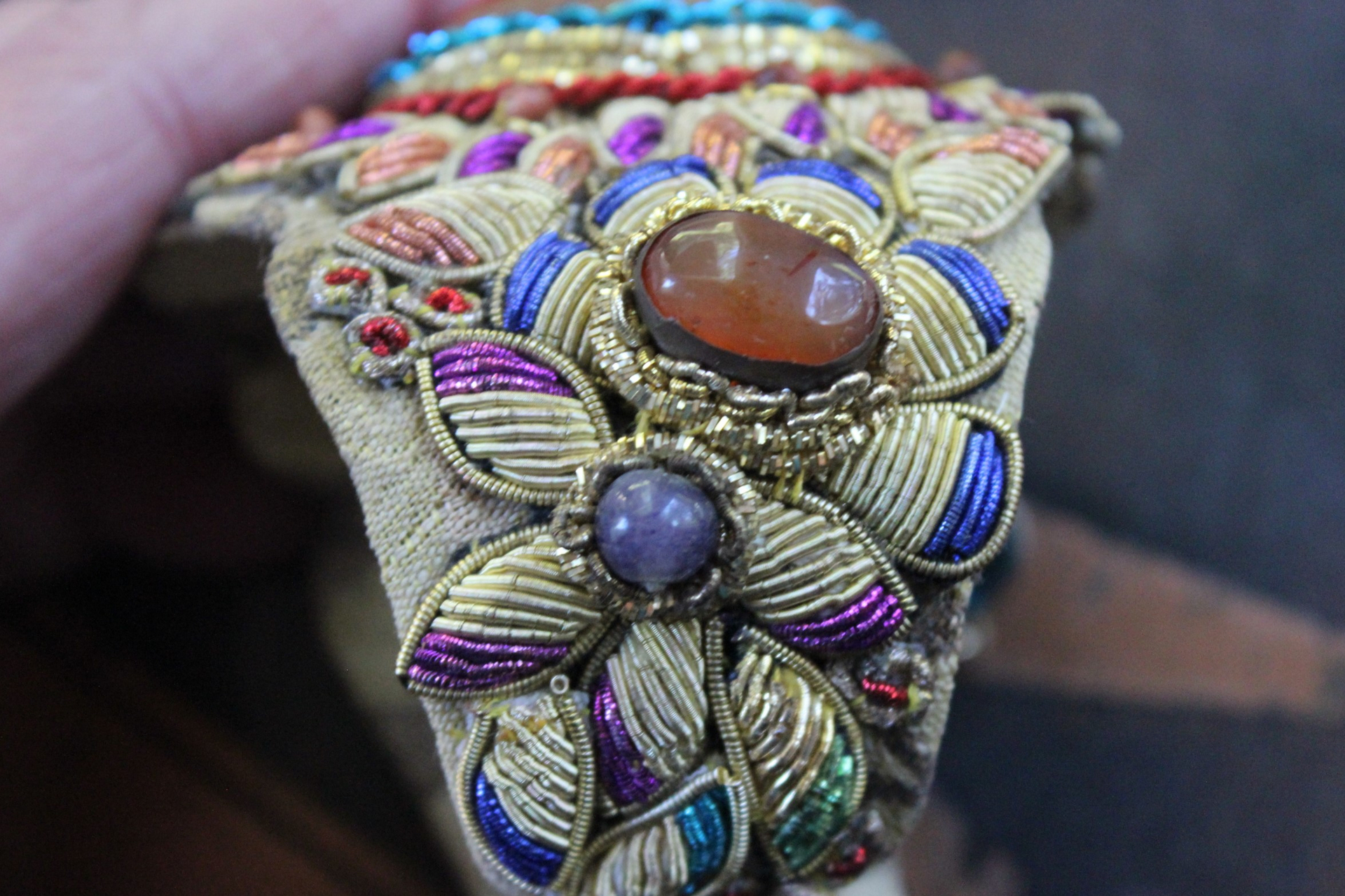 Antique Real Gold Metal & Gemstone Red Coral Textile Cuff Bracelet with Antique Rolled Gold Locket,Antique French Marian Medal & More!