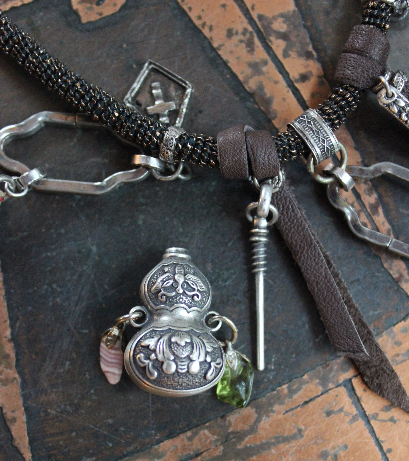 The Awakening Necklace with Antique Kuchi Gypsy Tassels,Sterling Engraved The Judgment Tarot Medal,Sterling Oil Vessel,Antique Sterling Talon & More!
