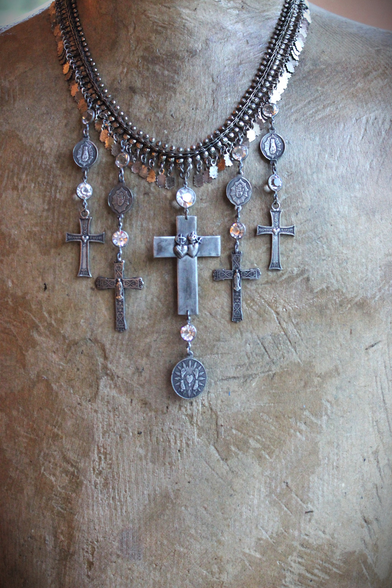 The Stigmata Necklace with Antique French Crosses,Wounds of Christ Medals,Antique Bezel Set Faceted Crystal Connectors & More!