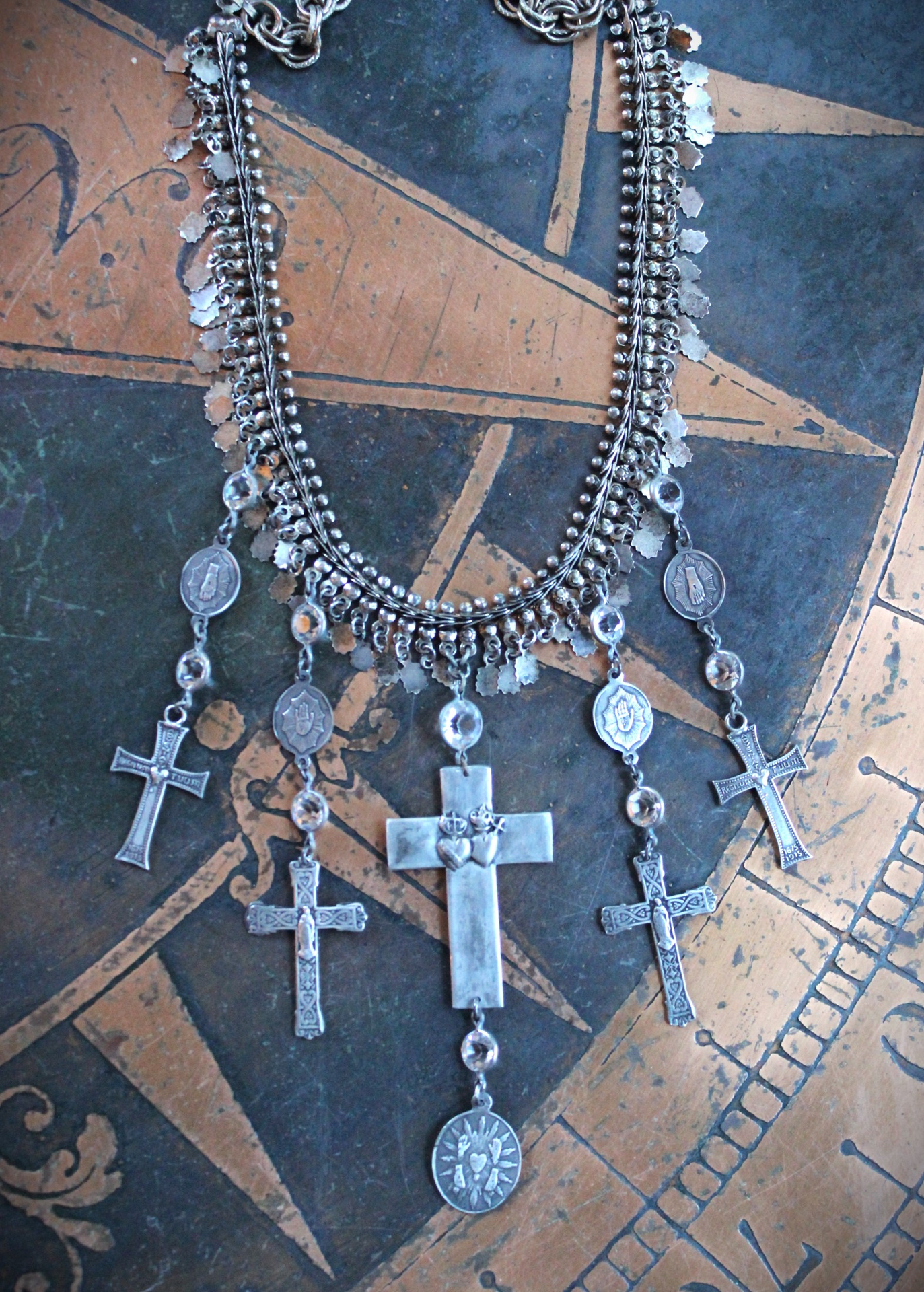 The Stigmata Necklace with Antique French Crosses,Wounds of Christ Medals,Antique Bezel Set Faceted Crystal Connectors & More!
