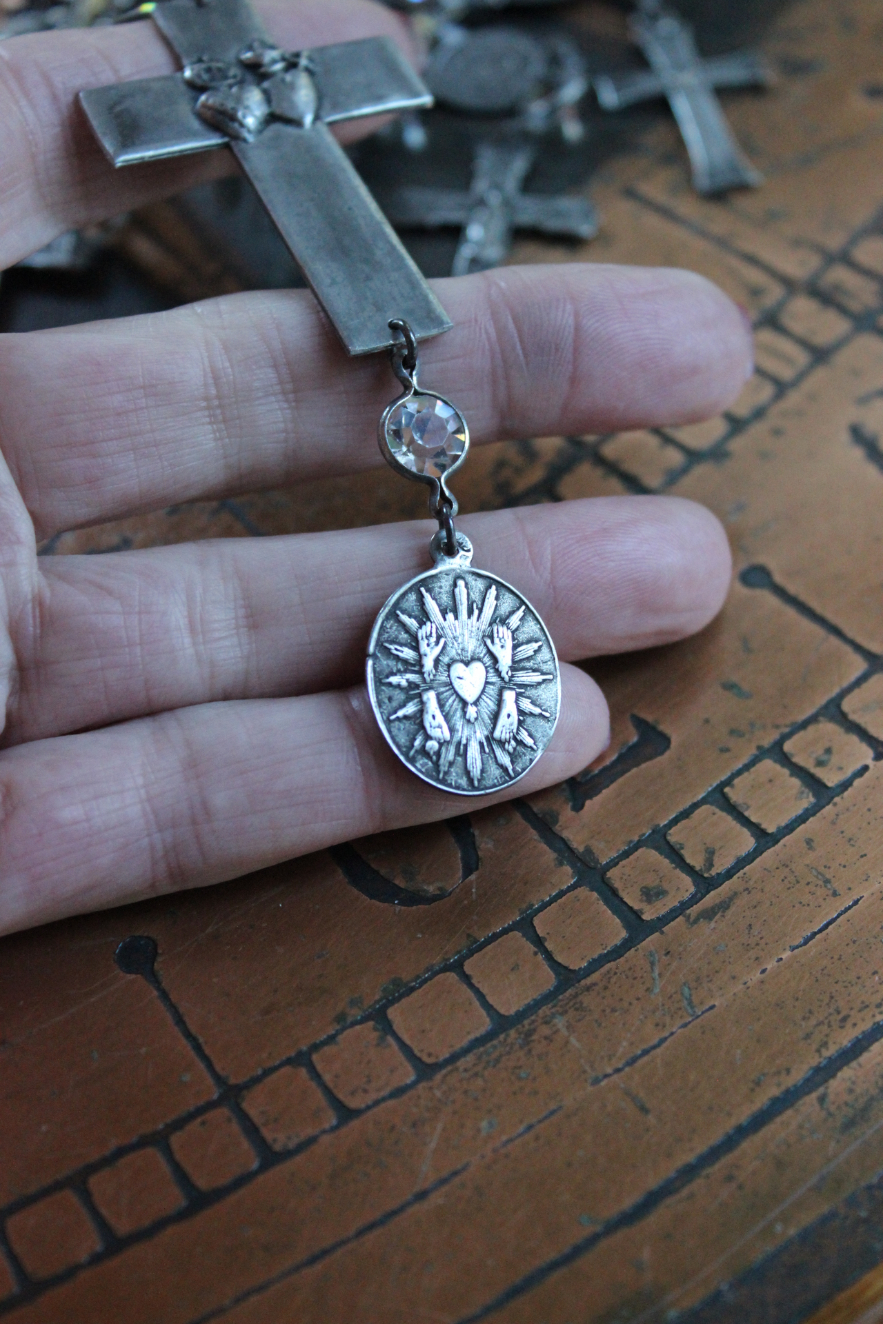 The Stigmata Necklace with Antique French Crosses,Wounds of Christ Medals,Antique Bezel Set Faceted Crystal Connectors & More!