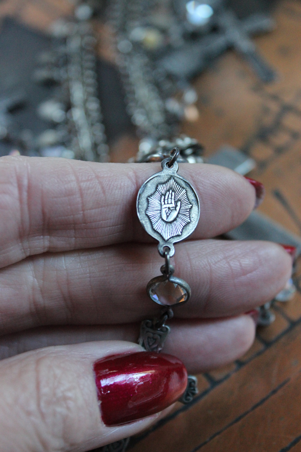 The Stigmata Necklace with Antique French Crosses,Wounds of Christ Medals,Antique Bezel Set Faceted Crystal Connectors & More!