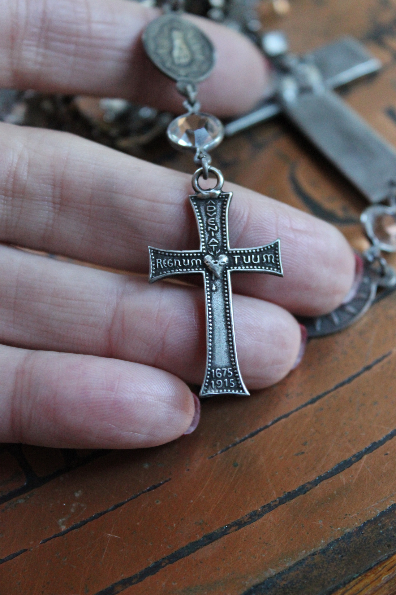 The Stigmata Necklace with Antique French Crosses,Wounds of Christ Medals,Antique Bezel Set Faceted Crystal Connectors & More!