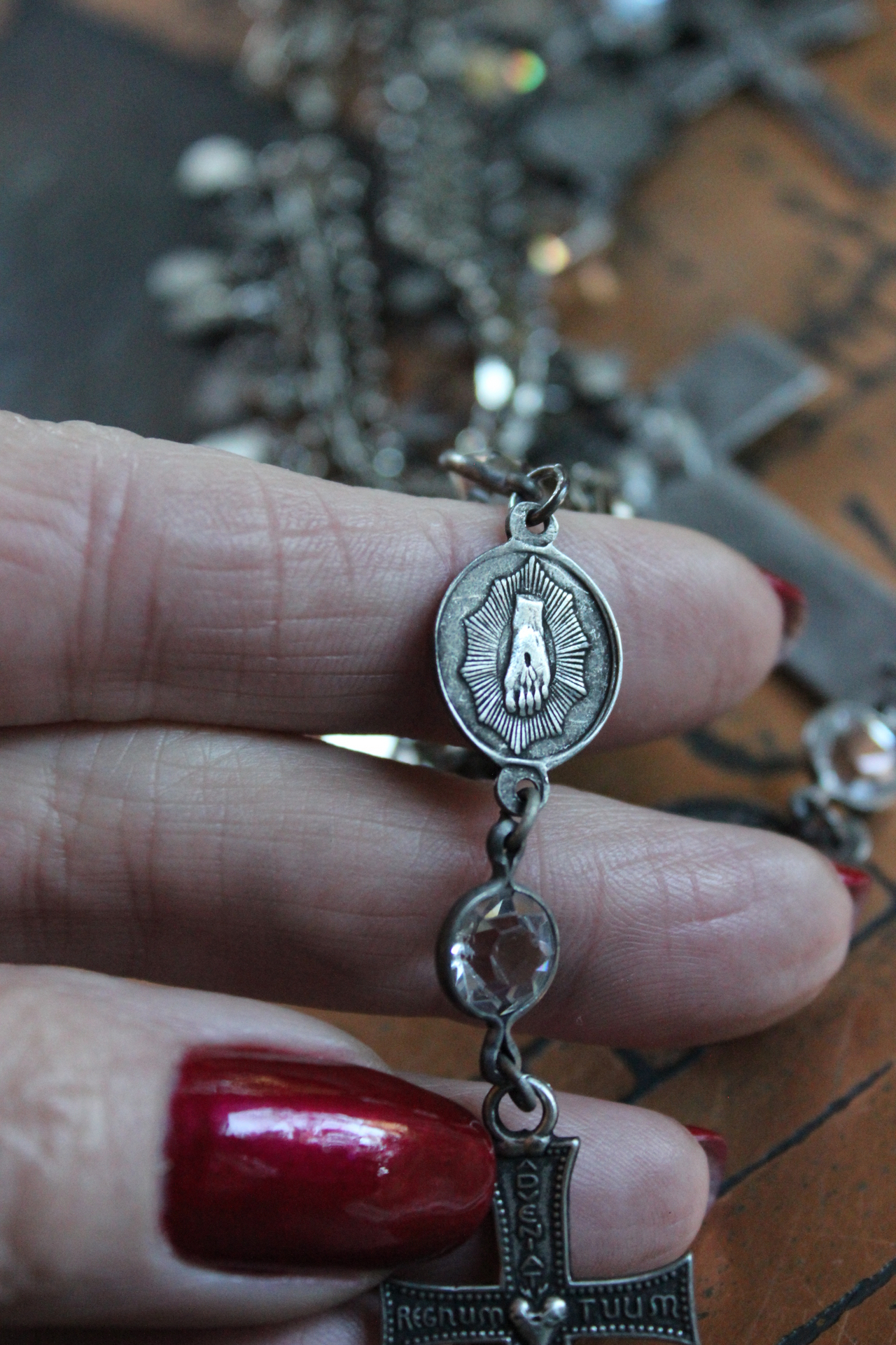 The Stigmata Necklace with Antique French Crosses,Wounds of Christ Medals,Antique Bezel Set Faceted Crystal Connectors & More!