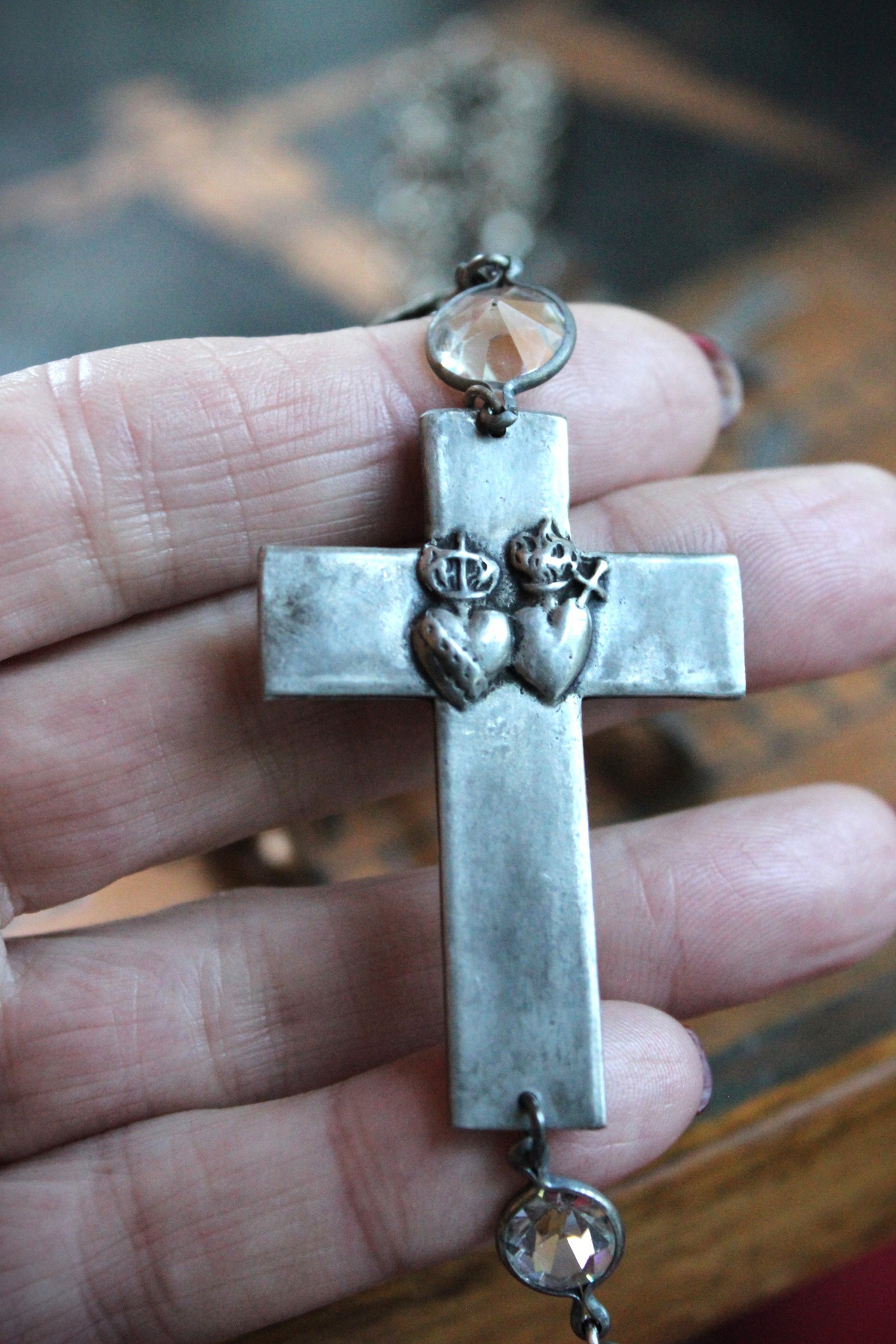 The Stigmata Necklace with Antique French Crosses,Wounds of Christ Medals,Antique Bezel Set Faceted Crystal Connectors & More!