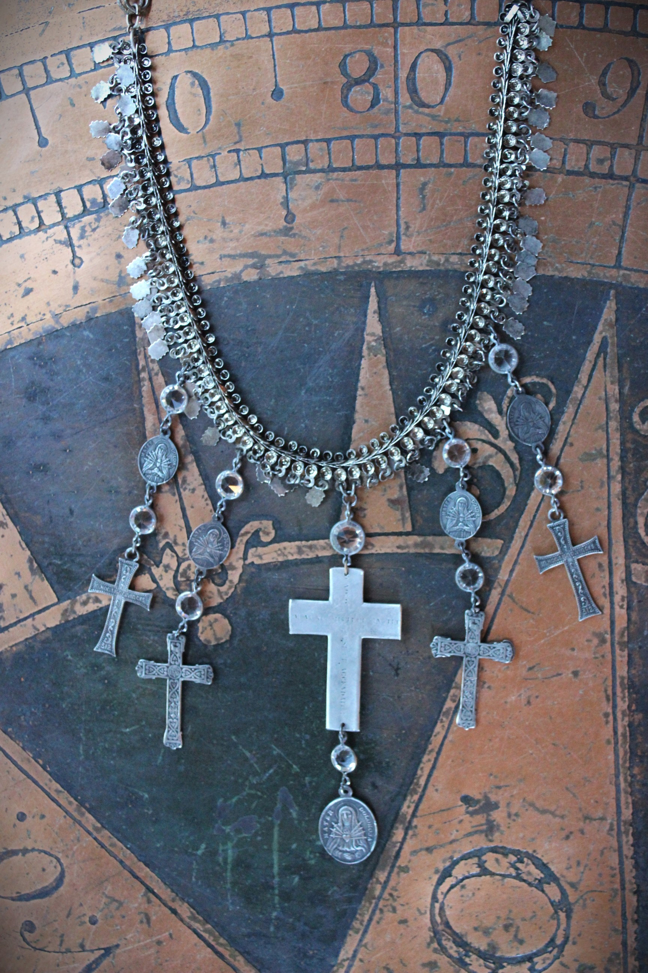 The Stigmata Necklace with Antique French Crosses,Wounds of Christ Medals,Antique Bezel Set Faceted Crystal Connectors & More!