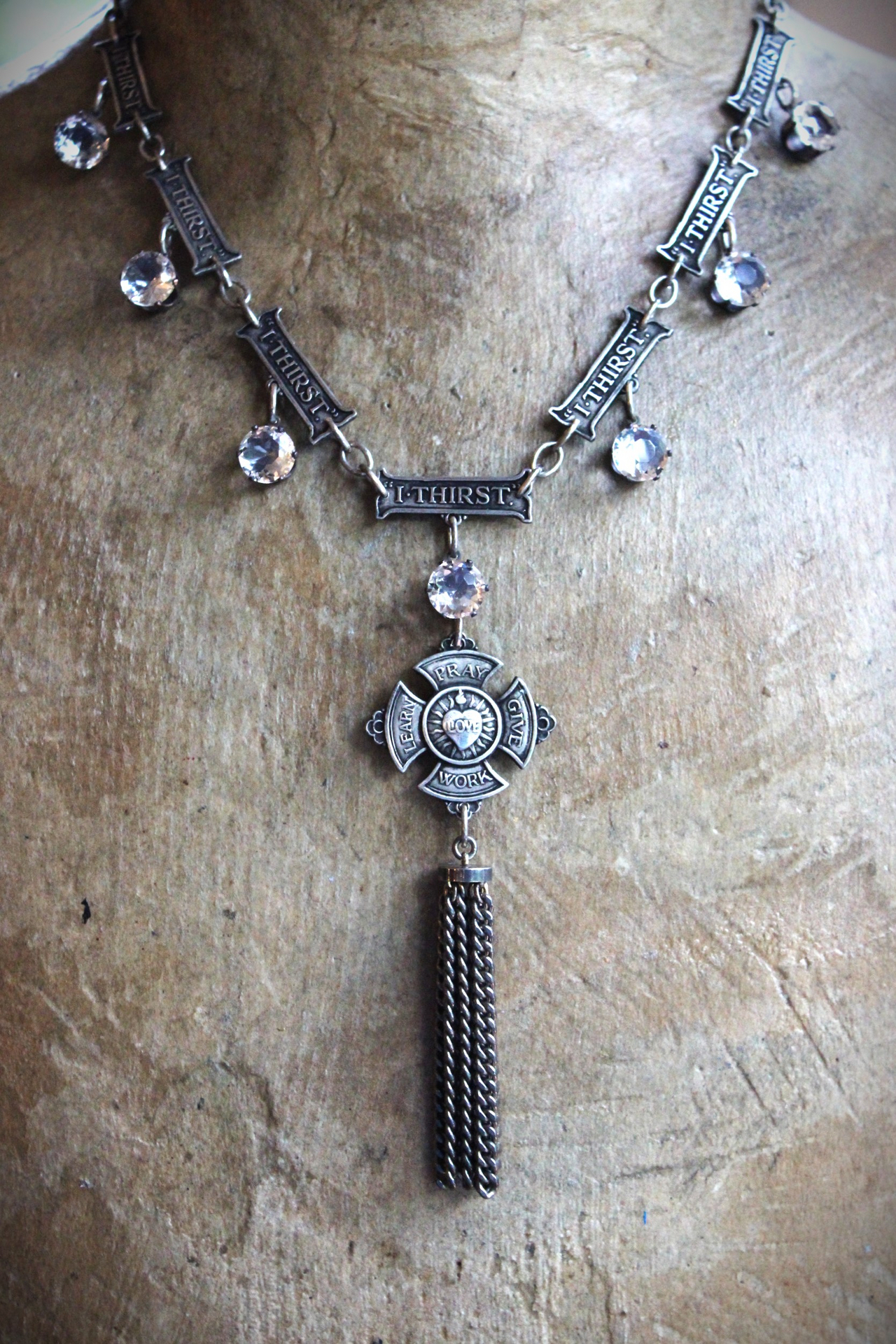 Echo in our Soul Necklace with Rare "I Thirst" Medals, 4 Way Cross,Faceted Cup Set Crystal Drops,Chain Tassel