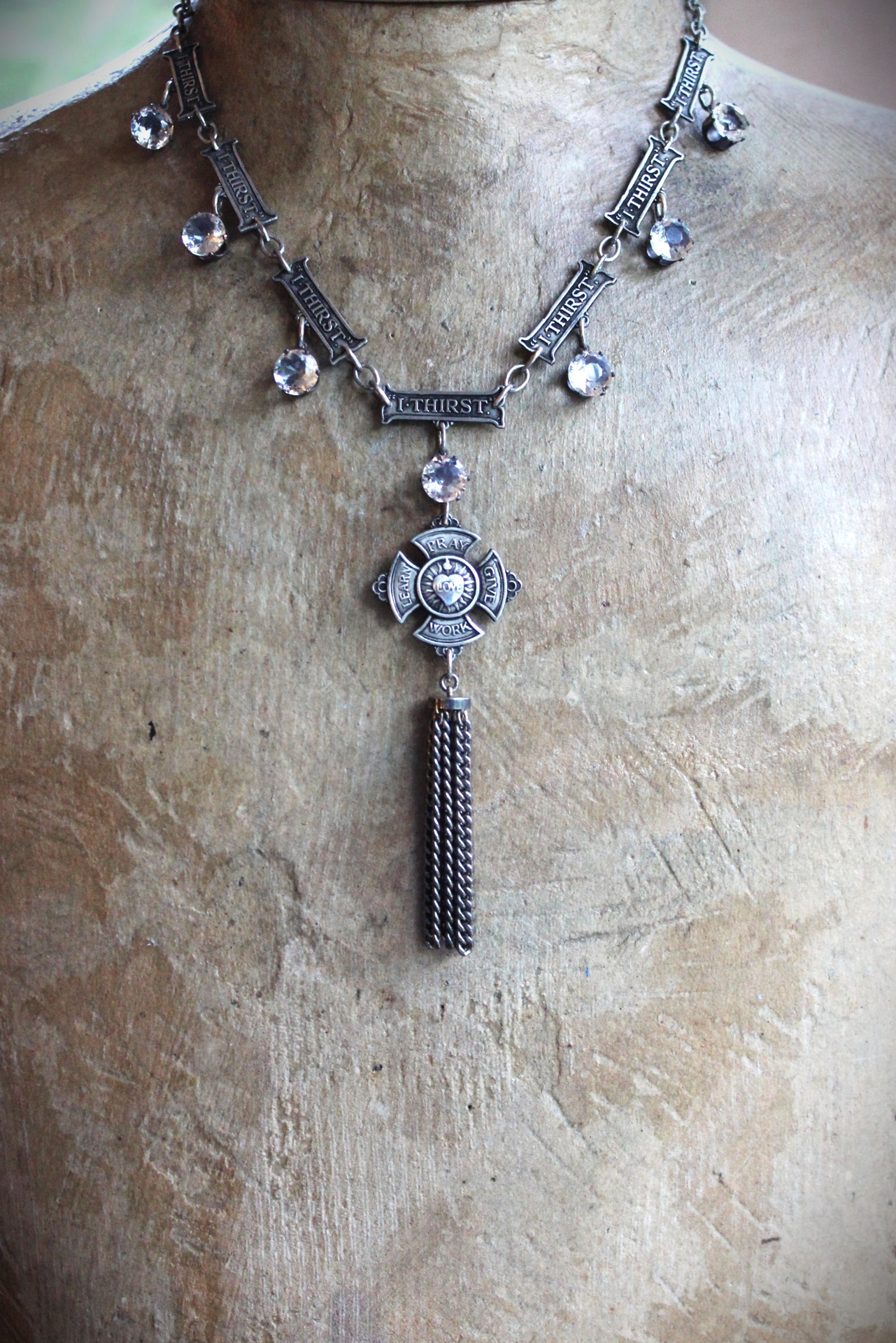 Echo in our Soul Necklace with Rare "I Thirst" Medals, 4 Way Cross,Faceted Cup Set Crystal Drops,Chain Tassel