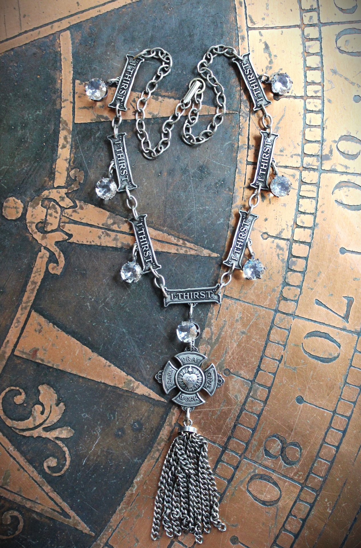 Echo in our Soul Necklace with Rare "I Thirst" Medals, 4 Way Cross,Faceted Cup Set Crystal Drops,Chain Tassel