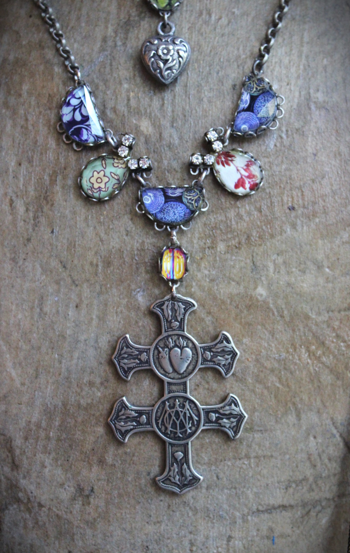 3 Strand Necklace with Ombre Silk Velvet Pouch,Unique Bevelled Glass Findings,Antique French Flaming Sacred Heart Cross of Lorrain, Victorian Puff Heart