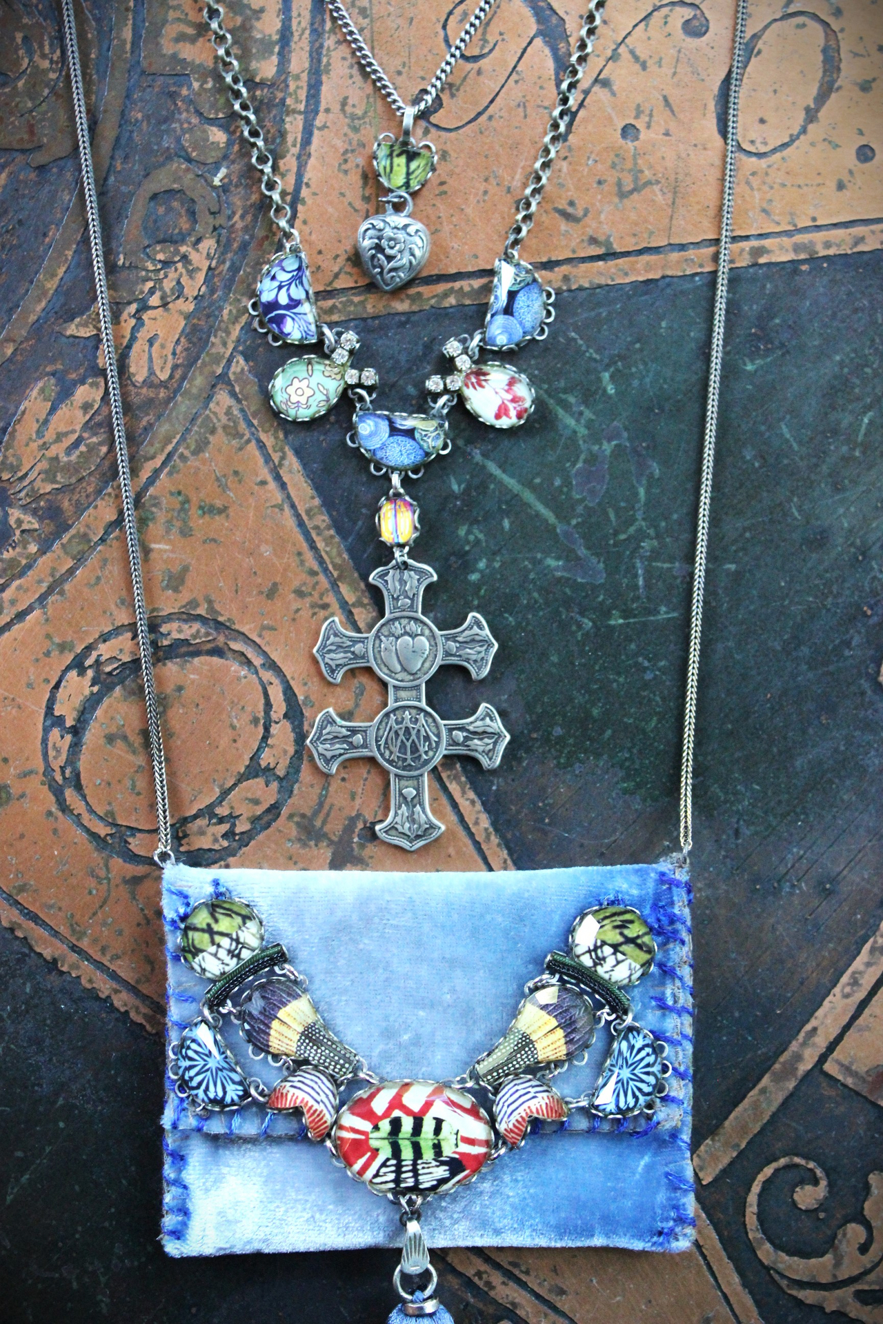 3 Strand Necklace with Ombre Silk Velvet Pouch,Unique Bevelled Glass Findings,Antique French Flaming Sacred Heart Cross of Lorrain, Victorian Puff Heart
