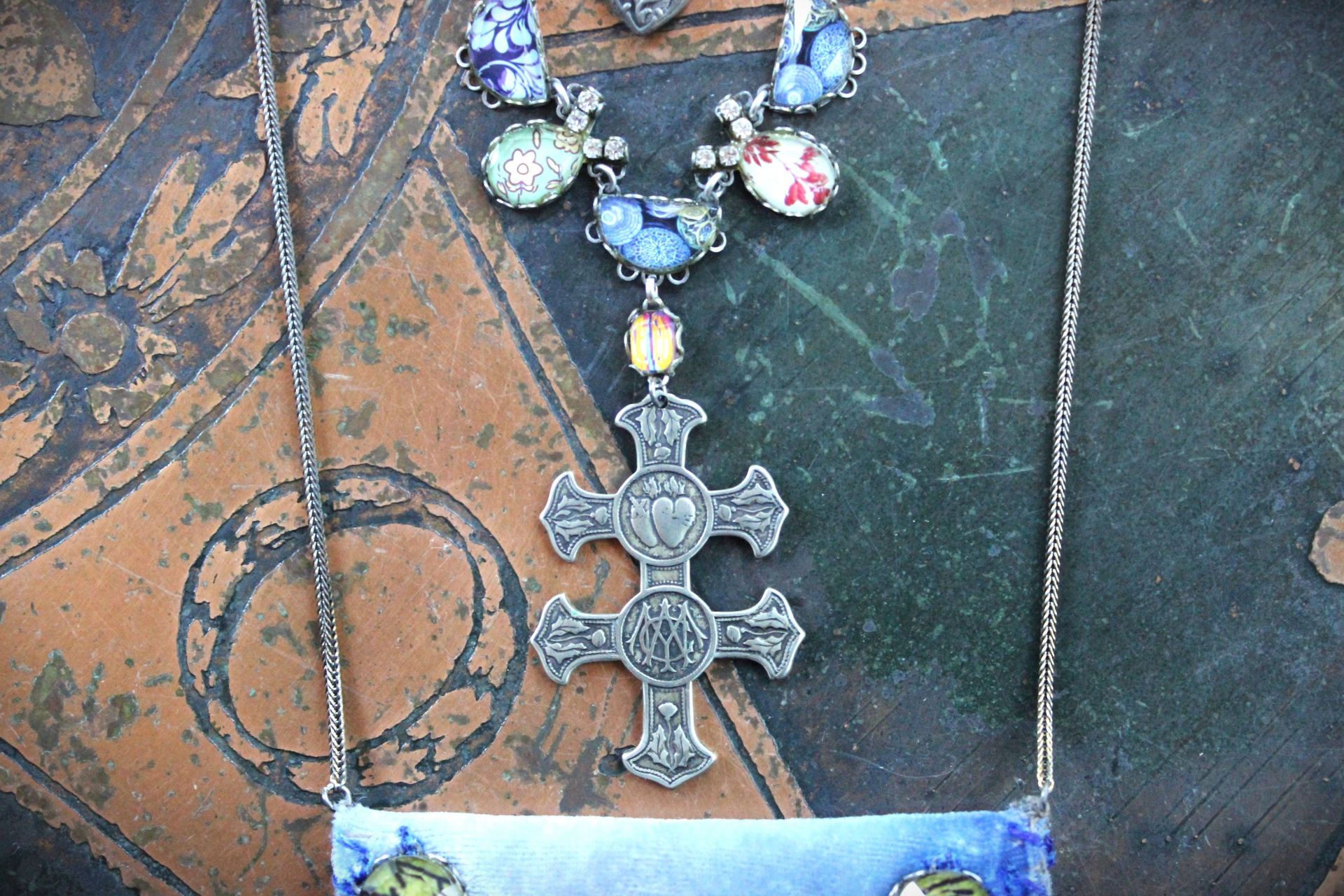 3 Strand Necklace with Ombre Silk Velvet Pouch,Unique Bevelled Glass Findings,Antique French Flaming Sacred Heart Cross of Lorrain, Victorian Puff Heart