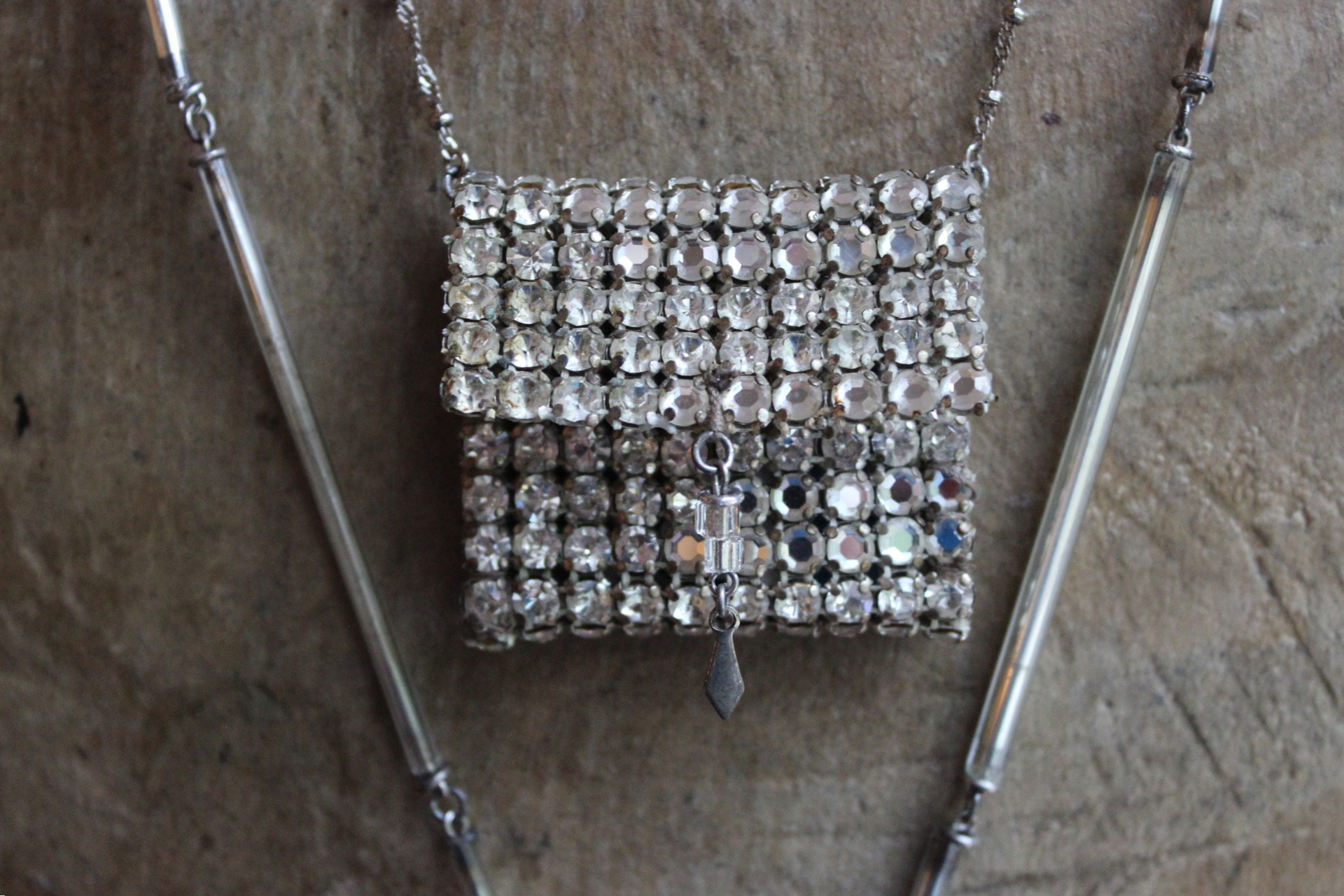 NEW! Antique Faceted Rhinestone Pouch Pendant and Faceted Rock Quartz Necklace Set with Antique Foil Lined Bugle Bead Chain,Sterling Bead Point Chain