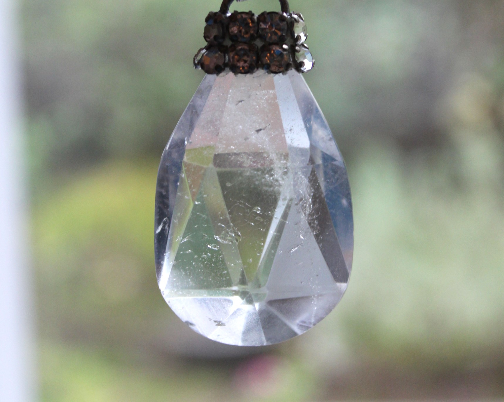 NEW! Antique Faceted Rhinestone Pouch Pendant and Faceted Rock Quartz Necklace Set with Antique Foil Lined Bugle Bead Chain,Sterling Bead Point Chain