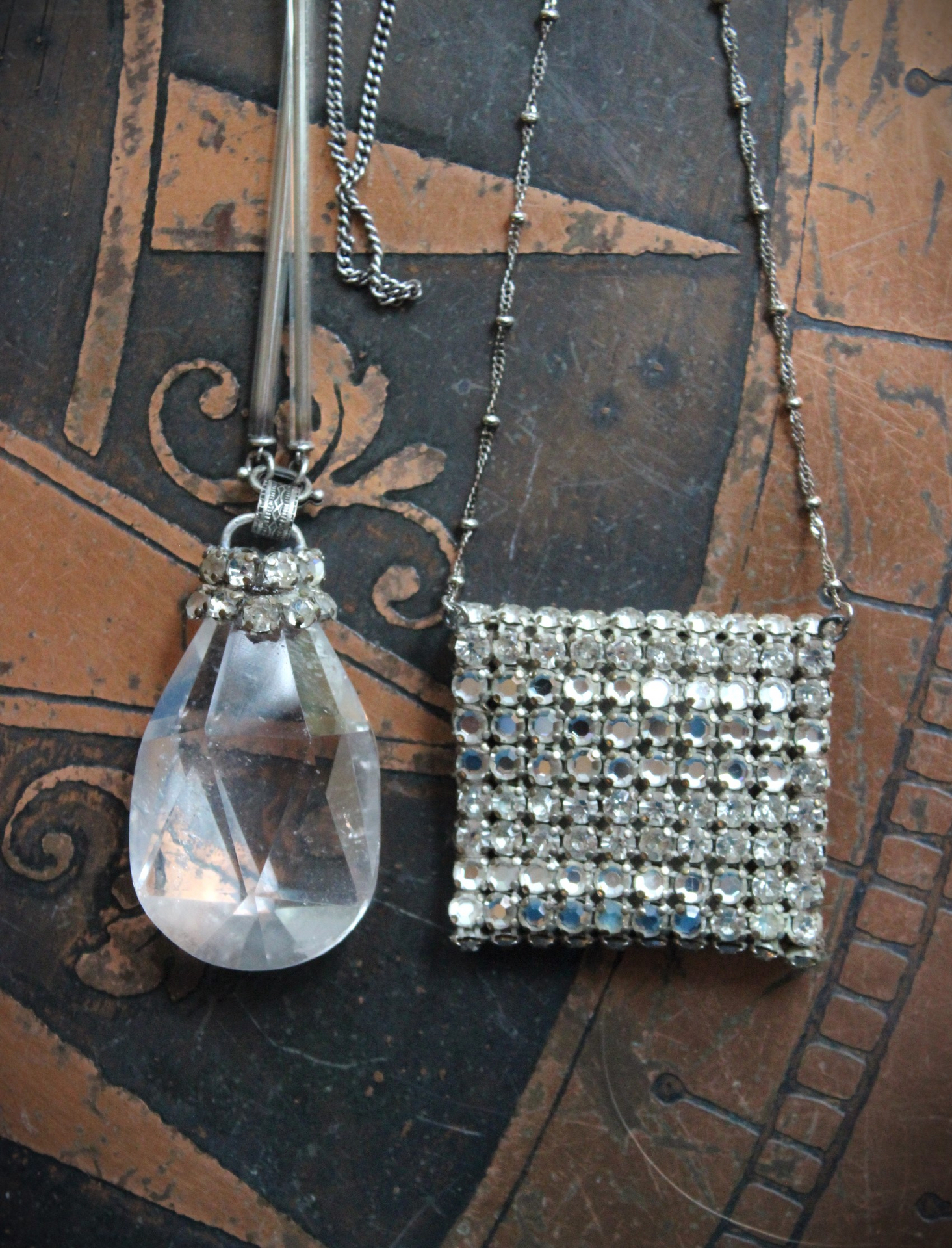 NEW! Antique Faceted Rhinestone Pouch Pendant and Faceted Rock Quartz Necklace Set with Antique Foil Lined Bugle Bead Chain,Sterling Bead Point Chain