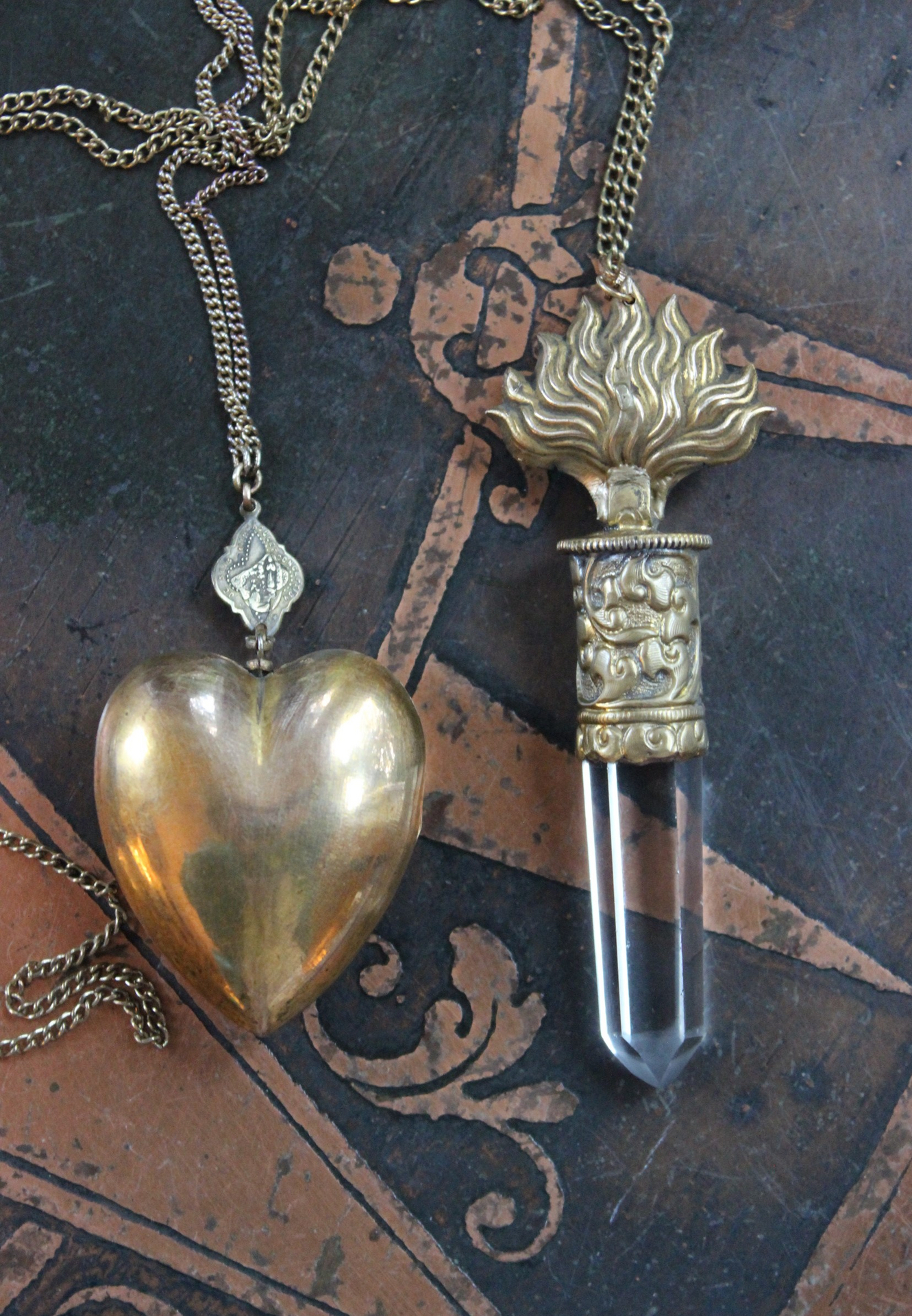 Antique French Engraved Ex Voto Locket & Flaming Clear Rock Quartz Point Necklace Set