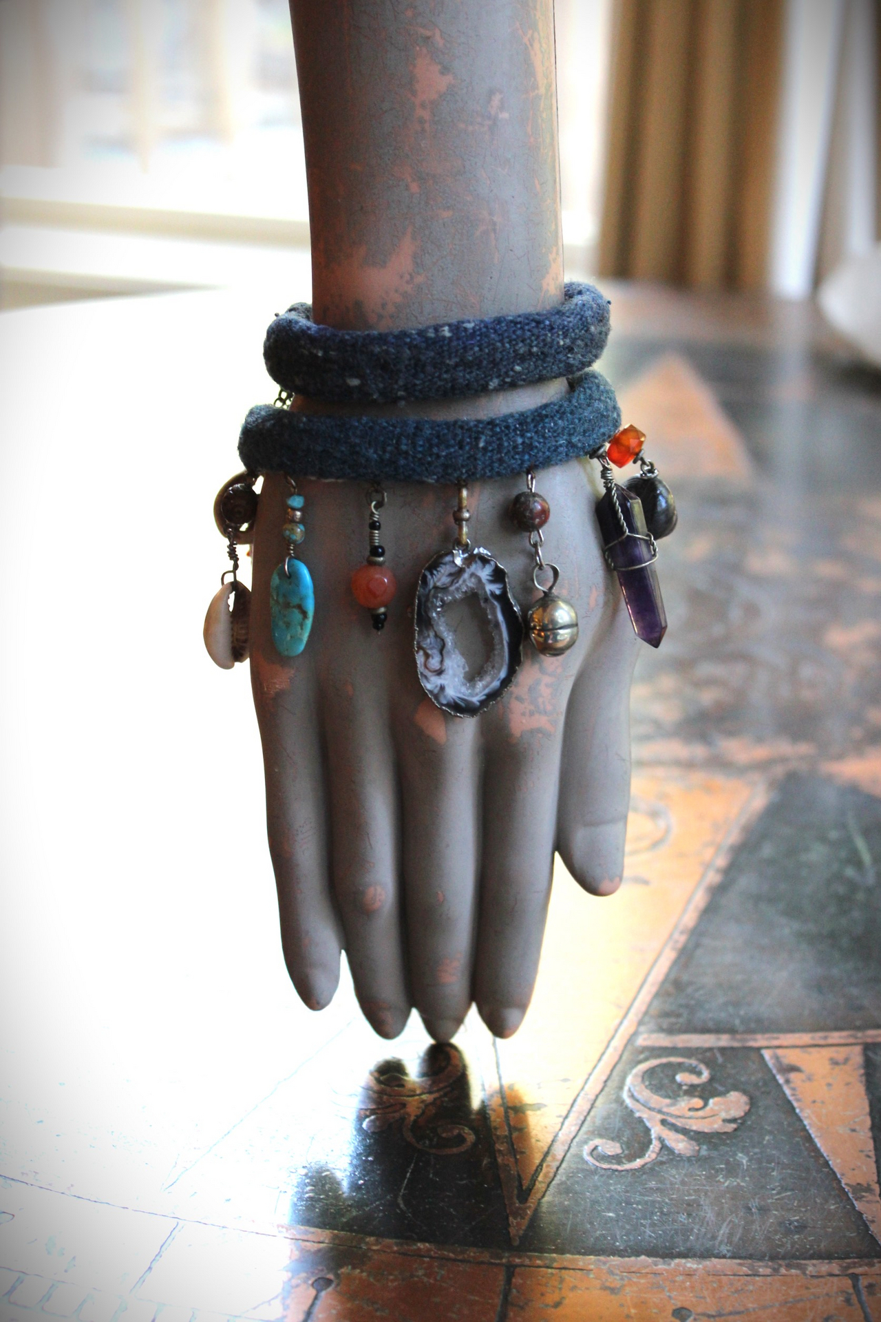 Hand Stitched Antique Loomed Serape Textile Layering Bracelet Set with Antique Thangka Painted Leather Caps, Sliced Geode Druzy,Polished Amethyst Drop and More!