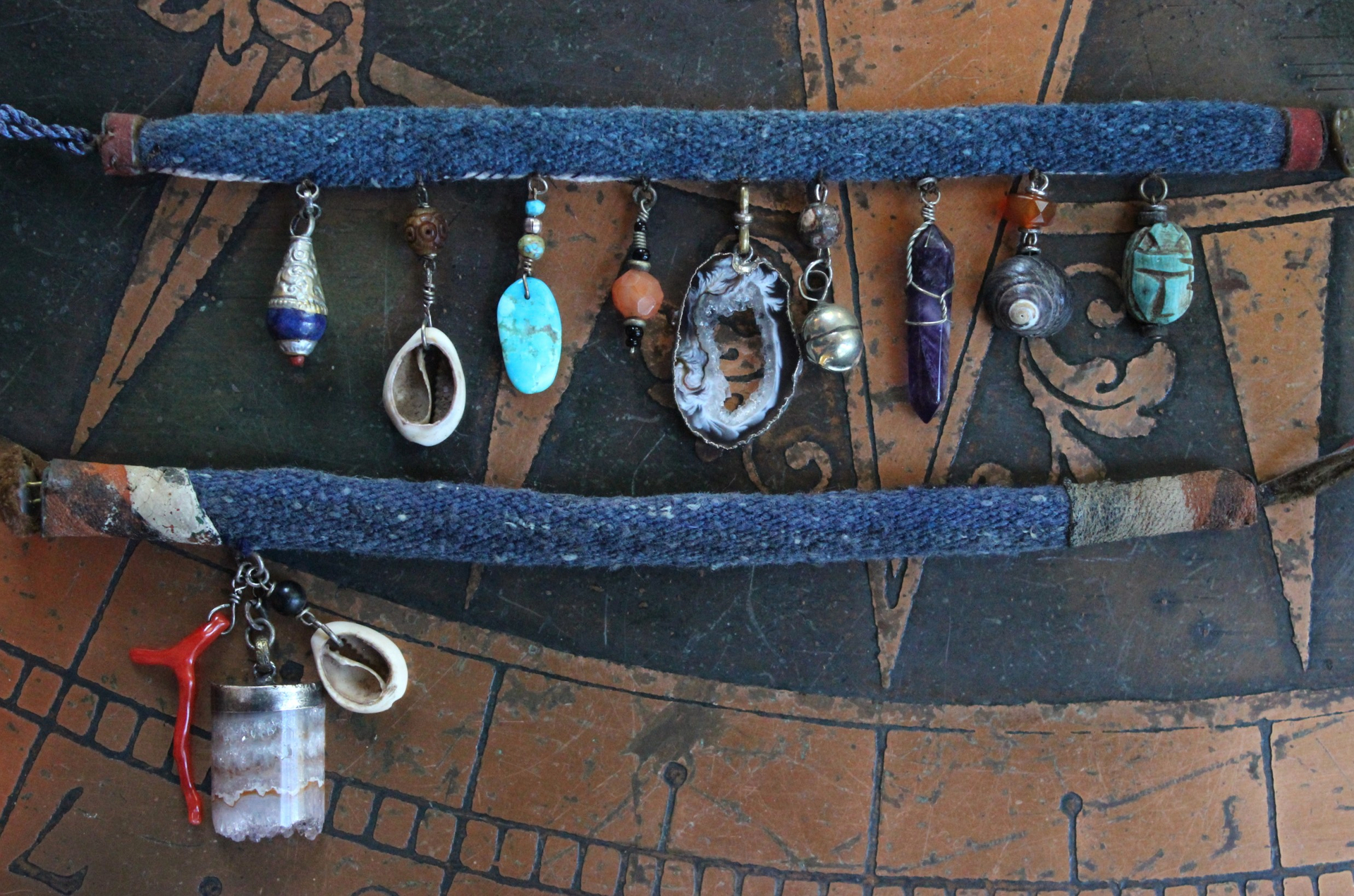 Hand Stitched Antique Loomed Serape Textile Layering Bracelet Set with Antique Thangka Painted Leather Caps, Sliced Geode Druzy,Polished Amethyst Drop and More!