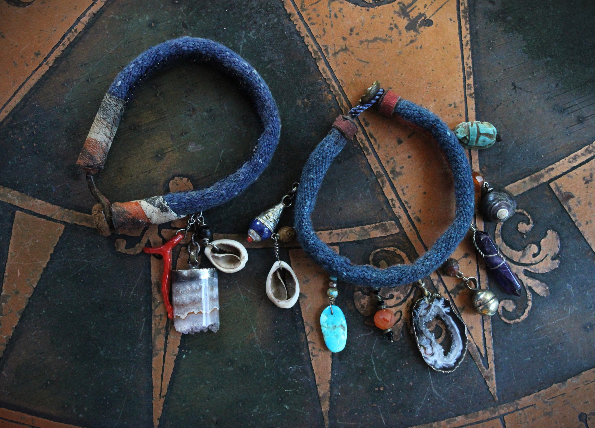 Hand Stitched Antique Loomed Serape Textile Layering Bracelet Set with Antique Thangka Painted Leather Caps, Sliced Geode Druzy,Polished Amethyst Drop and More!