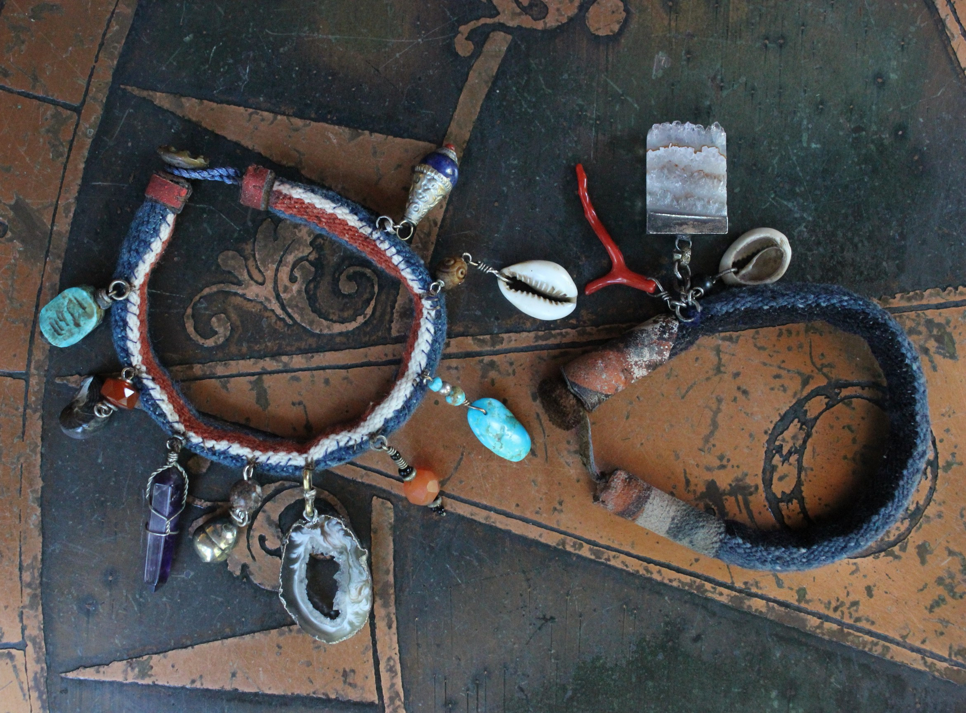 Hand Stitched Antique Loomed Serape Textile Layering Bracelet Set with Antique Thangka Painted Leather Caps, Sliced Geode Druzy,Polished Amethyst Drop and More!