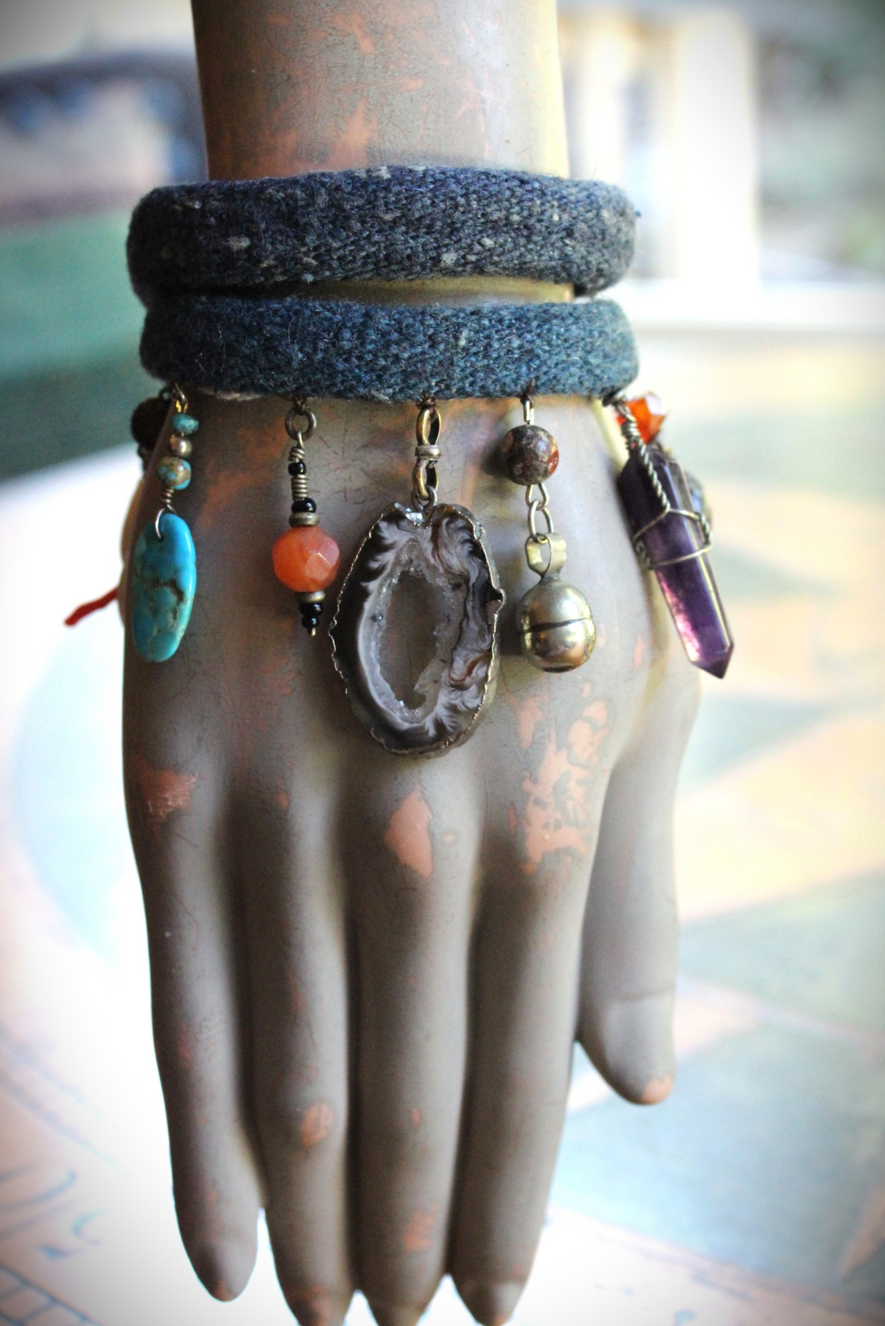 Hand Stitched Antique Loomed Serape Textile Layering Bracelet Set with Antique Thangka Painted Leather Caps, Sliced Geode Druzy,Polished Amethyst Drop and More!