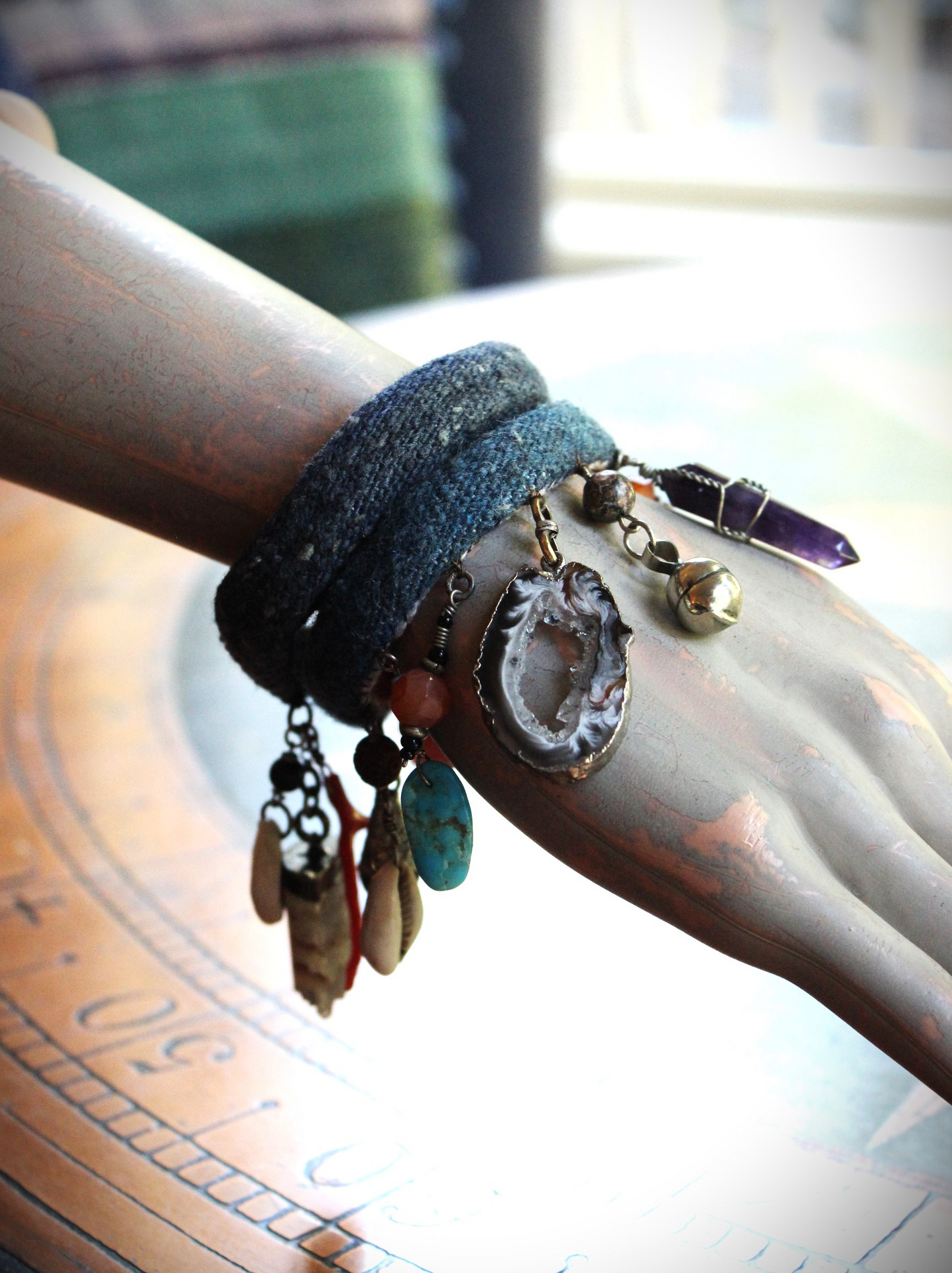 Hand Stitched Antique Loomed Serape Textile Layering Bracelet Set with Antique Thangka Painted Leather Caps, Sliced Geode Druzy,Polished Amethyst Drop and More!