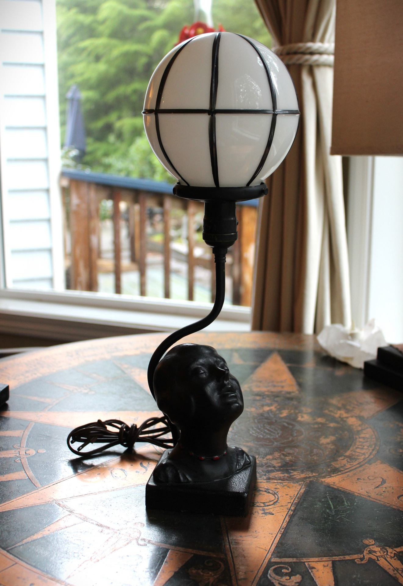 Antique Sculptural Moon Globe Lamp with Amazing Bronze Sculptural Face and Leaded Glass Moon Orb