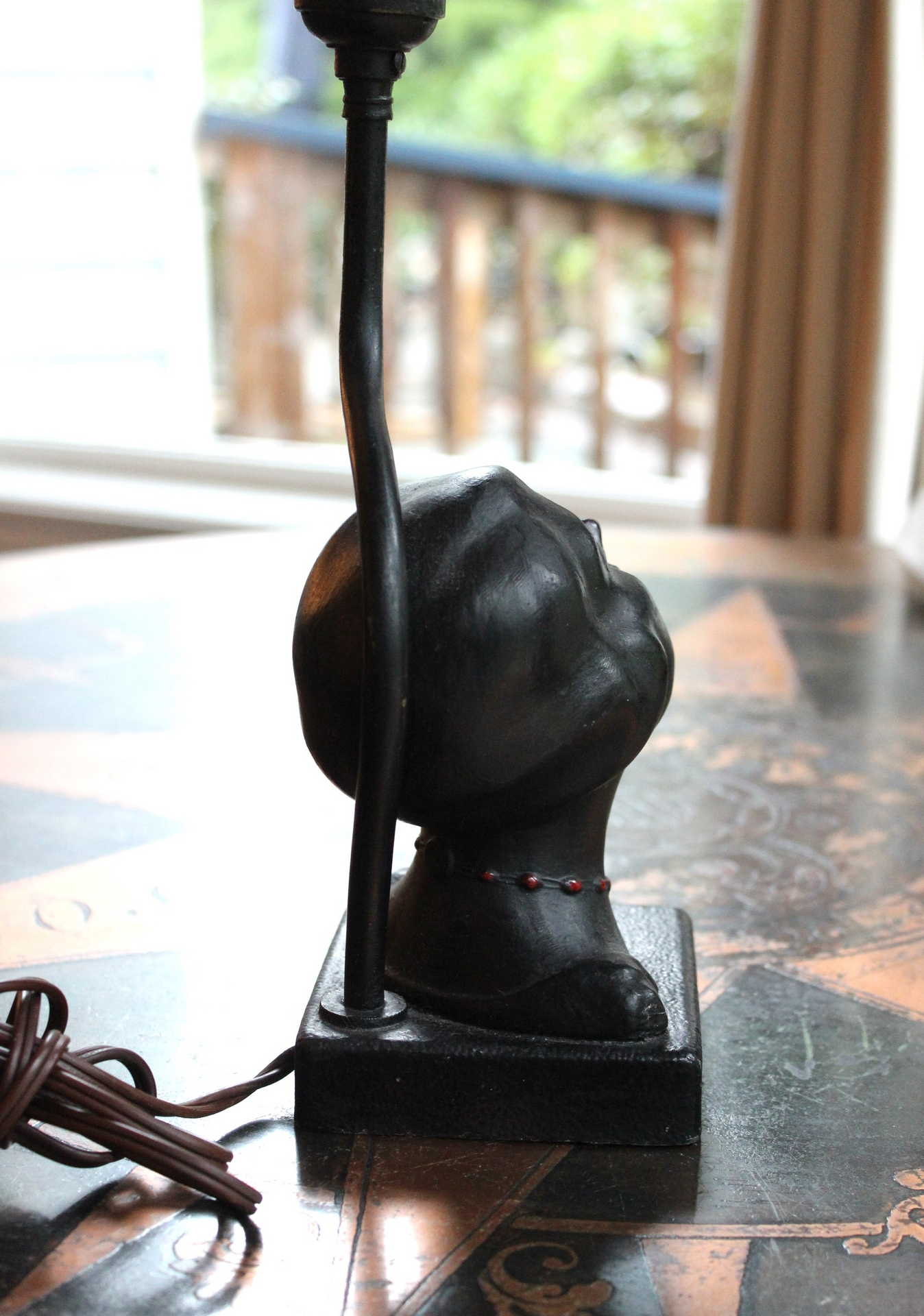 Antique Sculptural Moon Globe Lamp with Amazing Bronze Sculptural Face and Leaded Glass Moon Orb