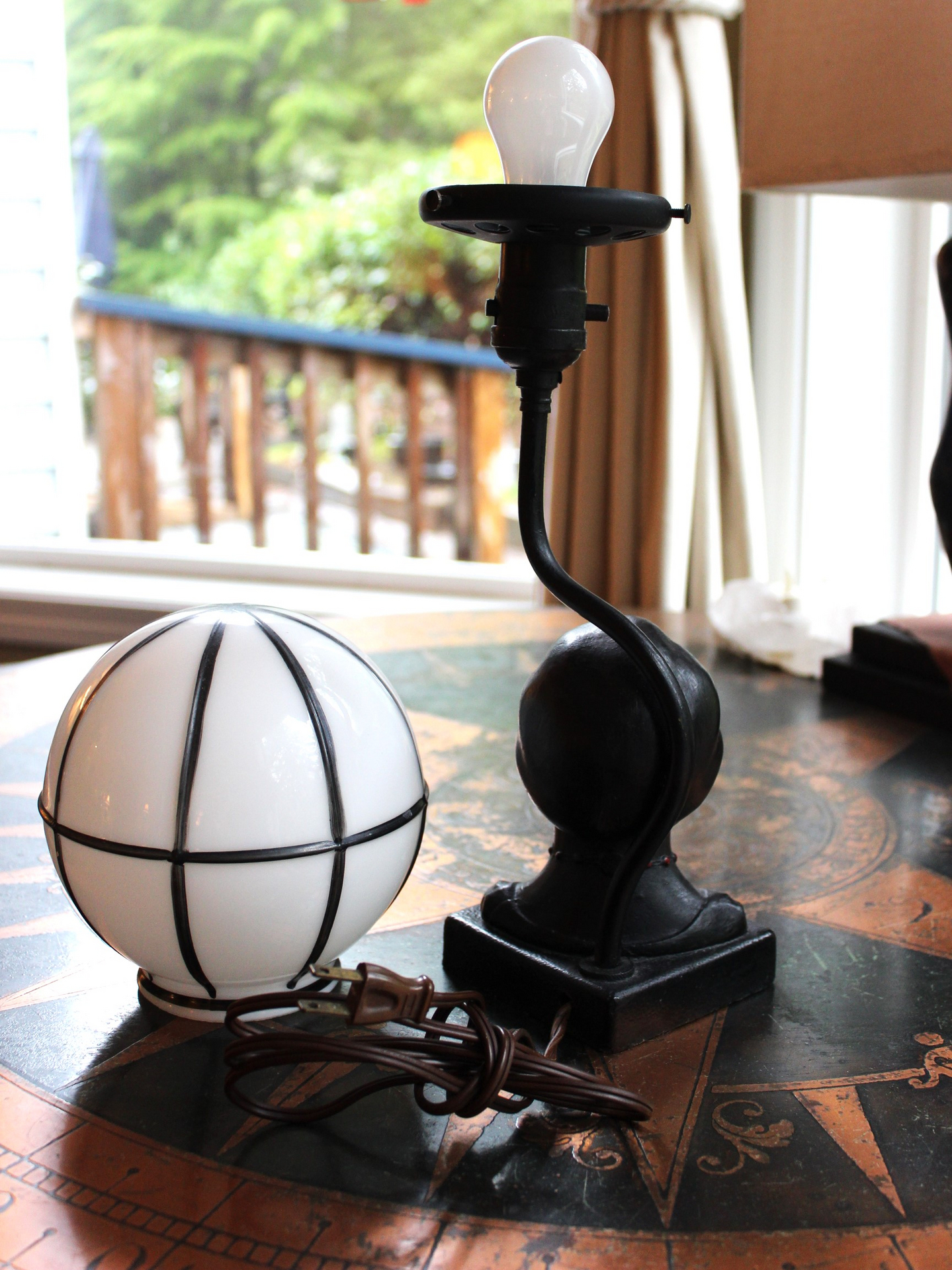 Antique Sculptural Moon Globe Lamp with Amazing Bronze Sculptural Face and Leaded Glass Moon Orb