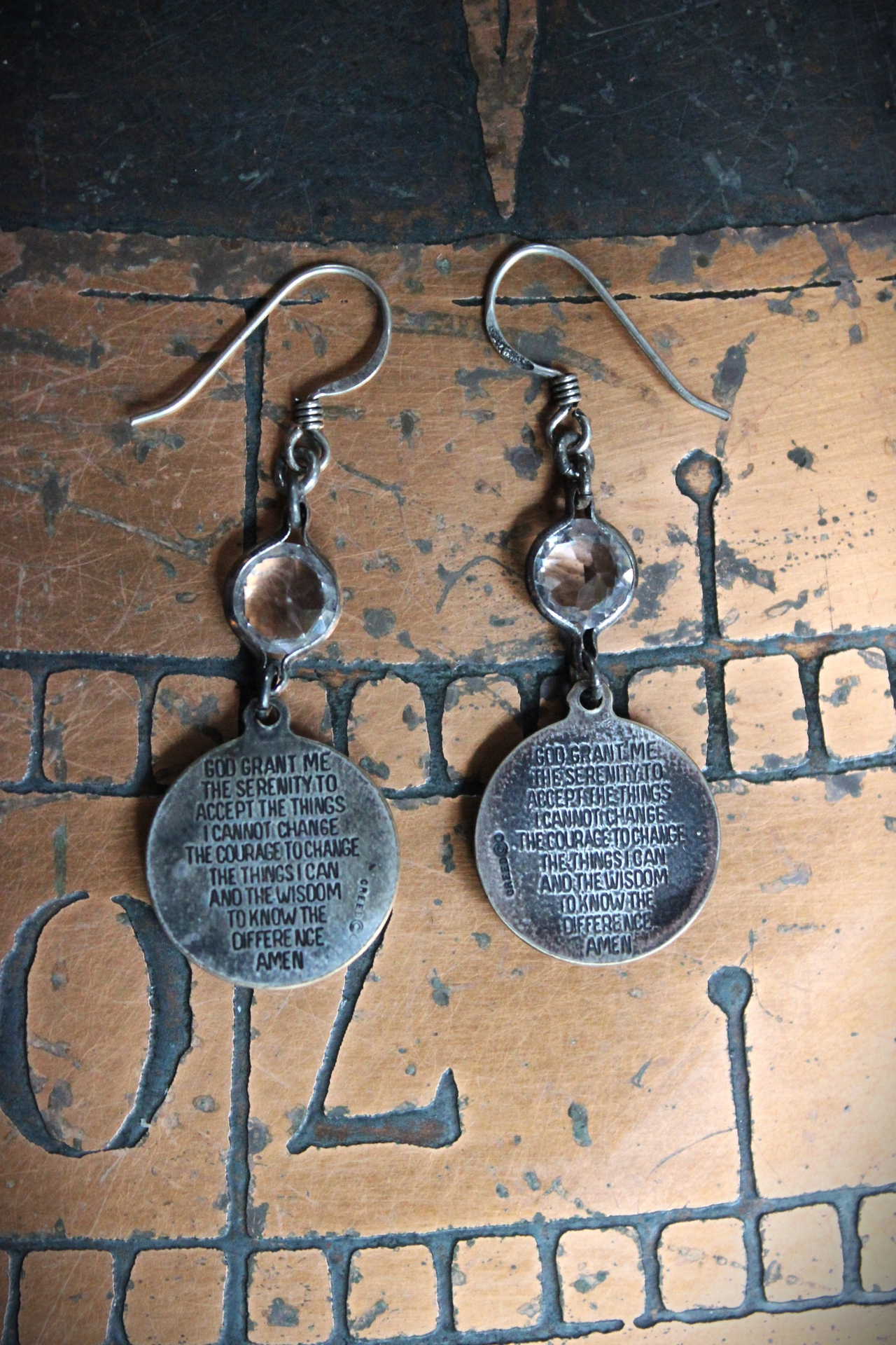 Serenity Prayer Earrings with Sterling Engraved Praying Hands Medals,Antique Faceted Rock Crystal Connectors,Sterling Earring Wires