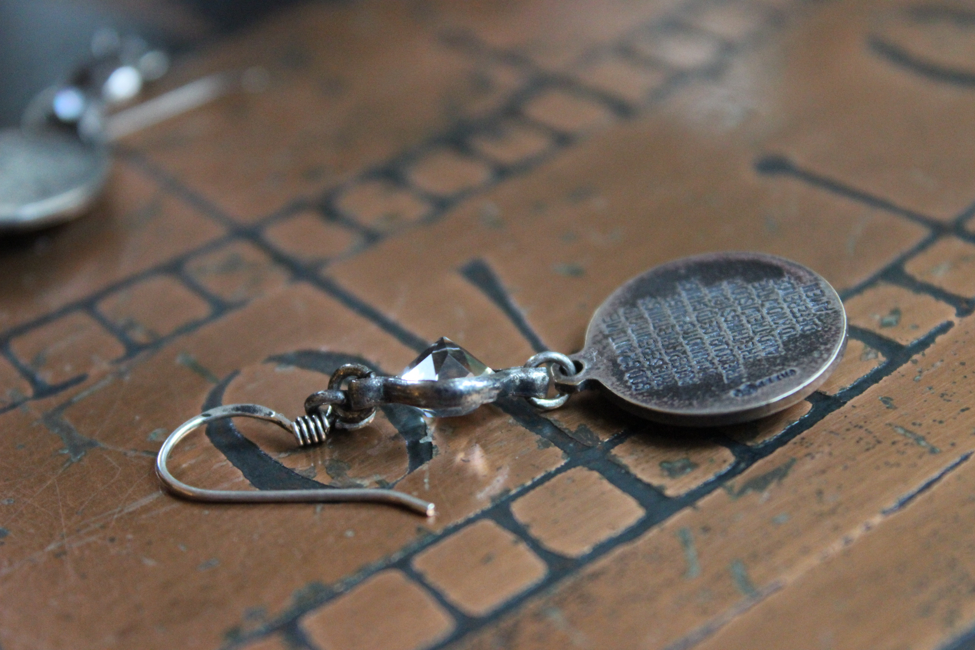 Serenity Prayer Earrings with Sterling Engraved Praying Hands Medals,Antique Faceted Rock Crystal Connectors,Sterling Earring Wires