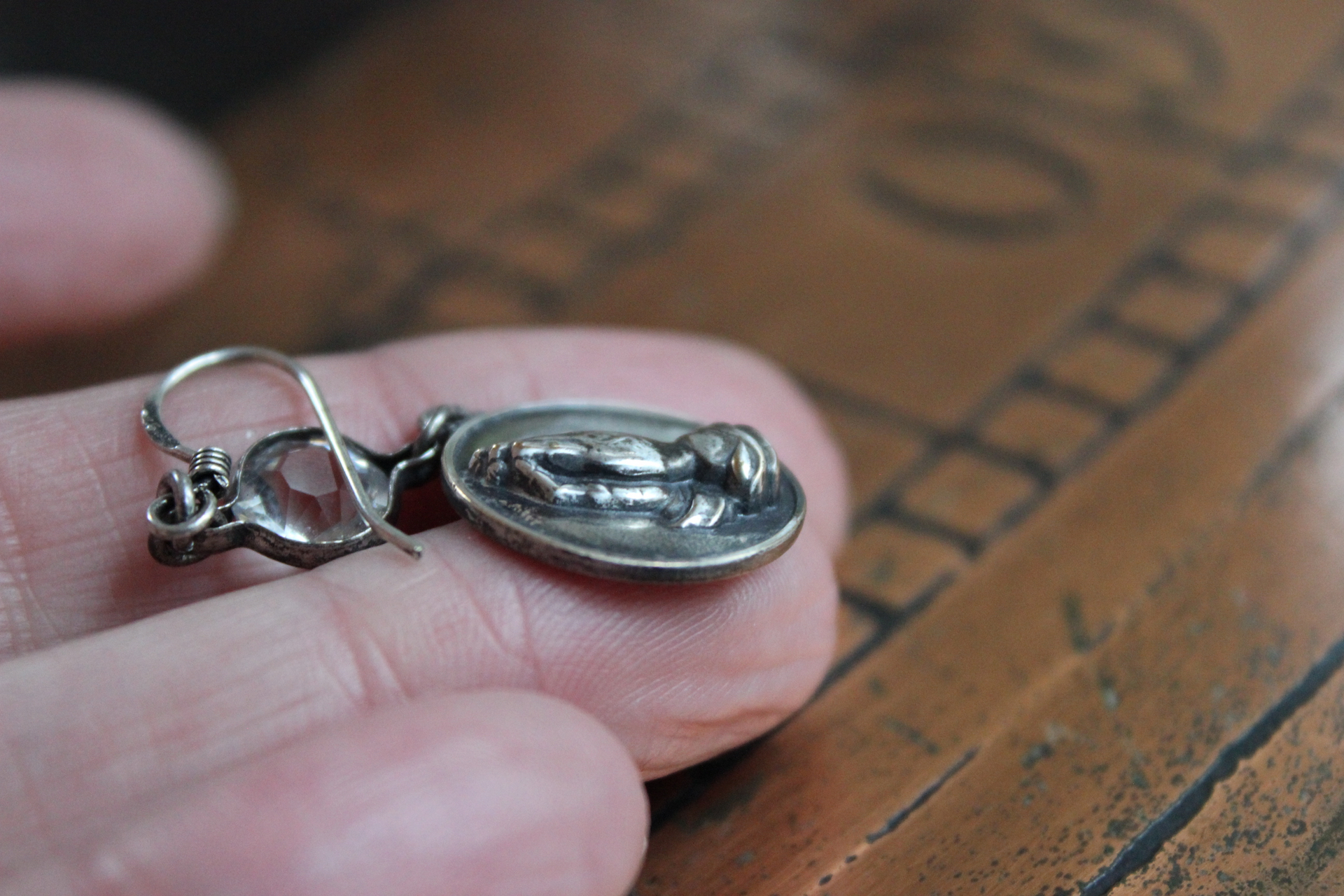 Serenity Prayer Earrings with Sterling Engraved Praying Hands Medals,Antique Faceted Rock Crystal Connectors,Sterling Earring Wires