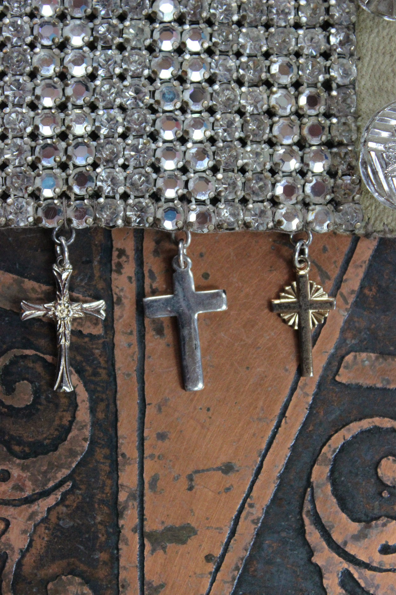 Antique Flat and Faceted Prong Set Rhinestone Cuff Bracelet with 10 Antique & Vintage Crosses, Antique Buttons & Faceted Crystal Drop