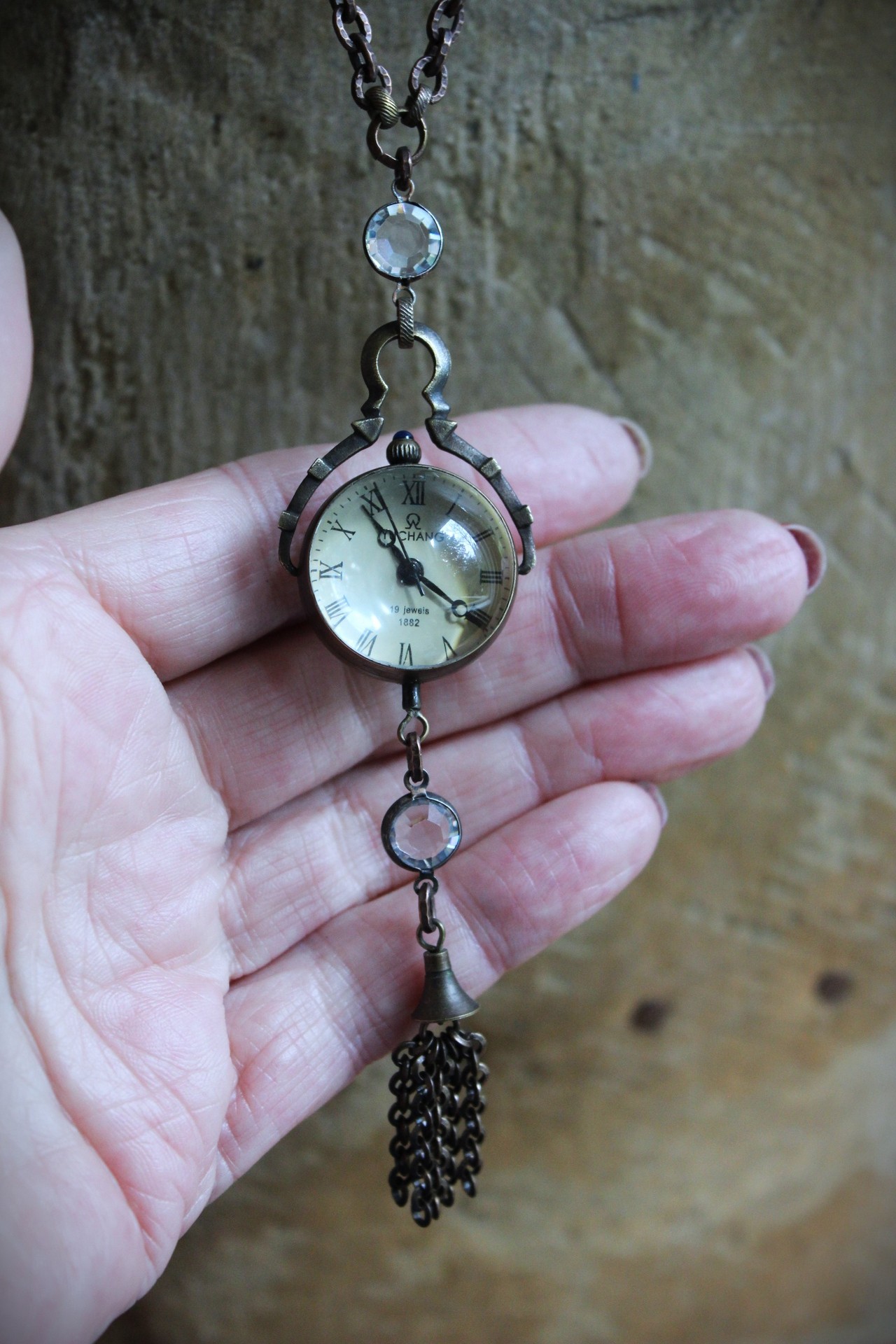 This Moment Necklace with RARE Antique WORKING 1882 Bubble Glass 19 Jewel Mechanical Watch Pendant Necklace with Bezel Set Crystals,Bronze Chain