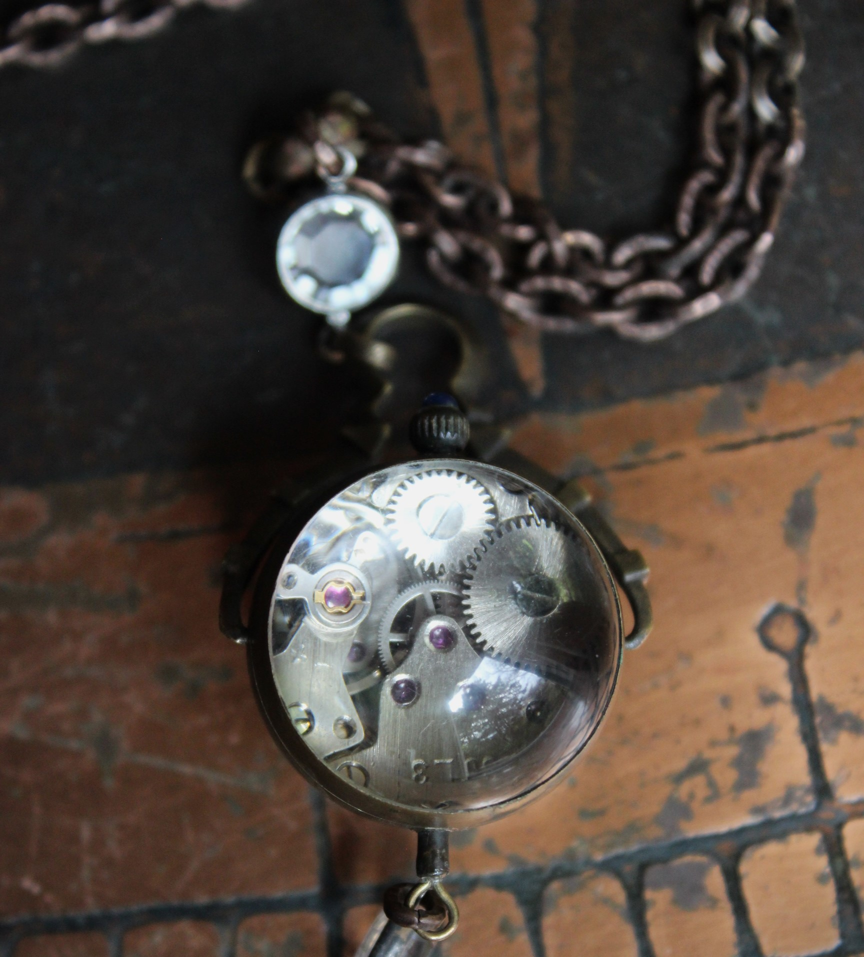 This Moment Necklace with RARE Antique WORKING 1882 Bubble Glass 19 Jewel Mechanical Watch Pendant Necklace with Bezel Set Crystals,Bronze Chain