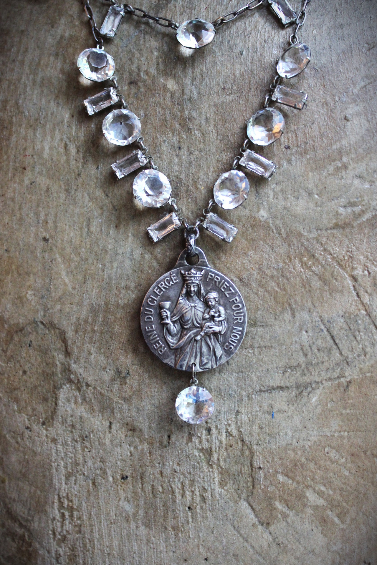 Rare Antique French Reine du Clerge & Saint Tarcisius Medal and Faceted Rock Crystal Chain Necklace Set