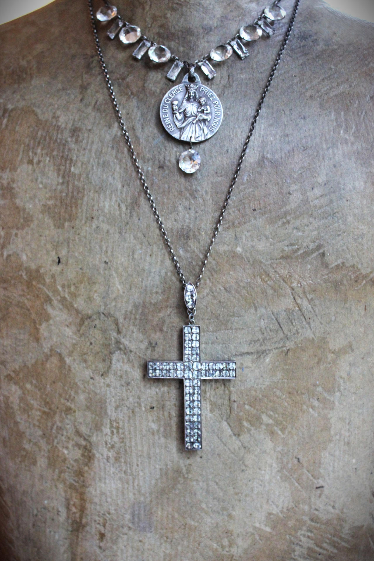 Exceptional & Rare Antique Faceted Georgian Paste Cross Necklace with Sterling Chain & Antique Rose Cut Georgian Paste Bale