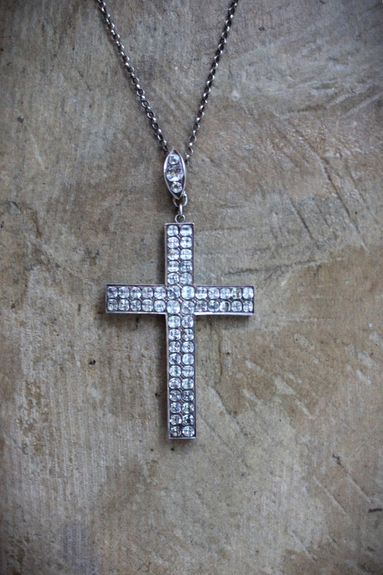 Exceptional & Rare Antique Faceted Georgian Paste Cross Necklace with Sterling Chain & Antique Rose Cut Georgian Paste Bale