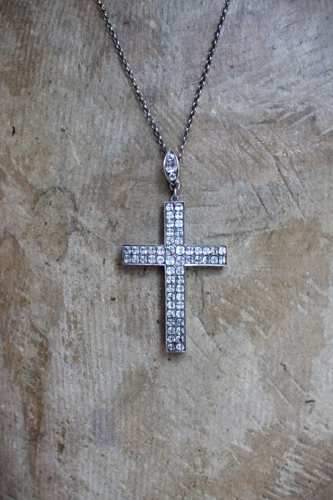 Exceptional & Rare Antique Faceted Georgian Paste Cross Necklace with Sterling Chain & Antique Rose Cut Georgian Paste Bale