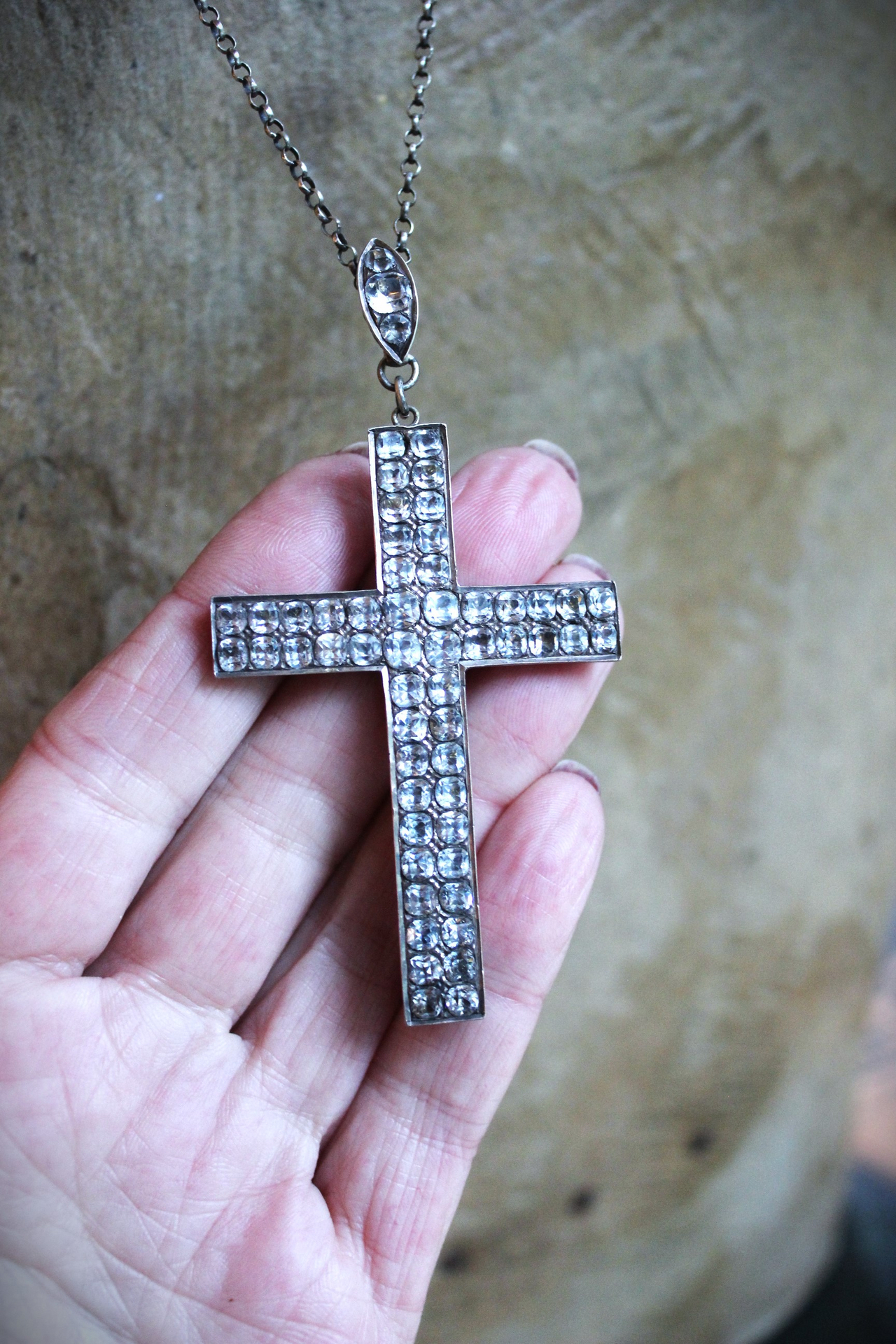 Exceptional & Rare Antique Faceted Georgian Paste Cross Necklace with Sterling Chain & Antique Rose Cut Georgian Paste Bale