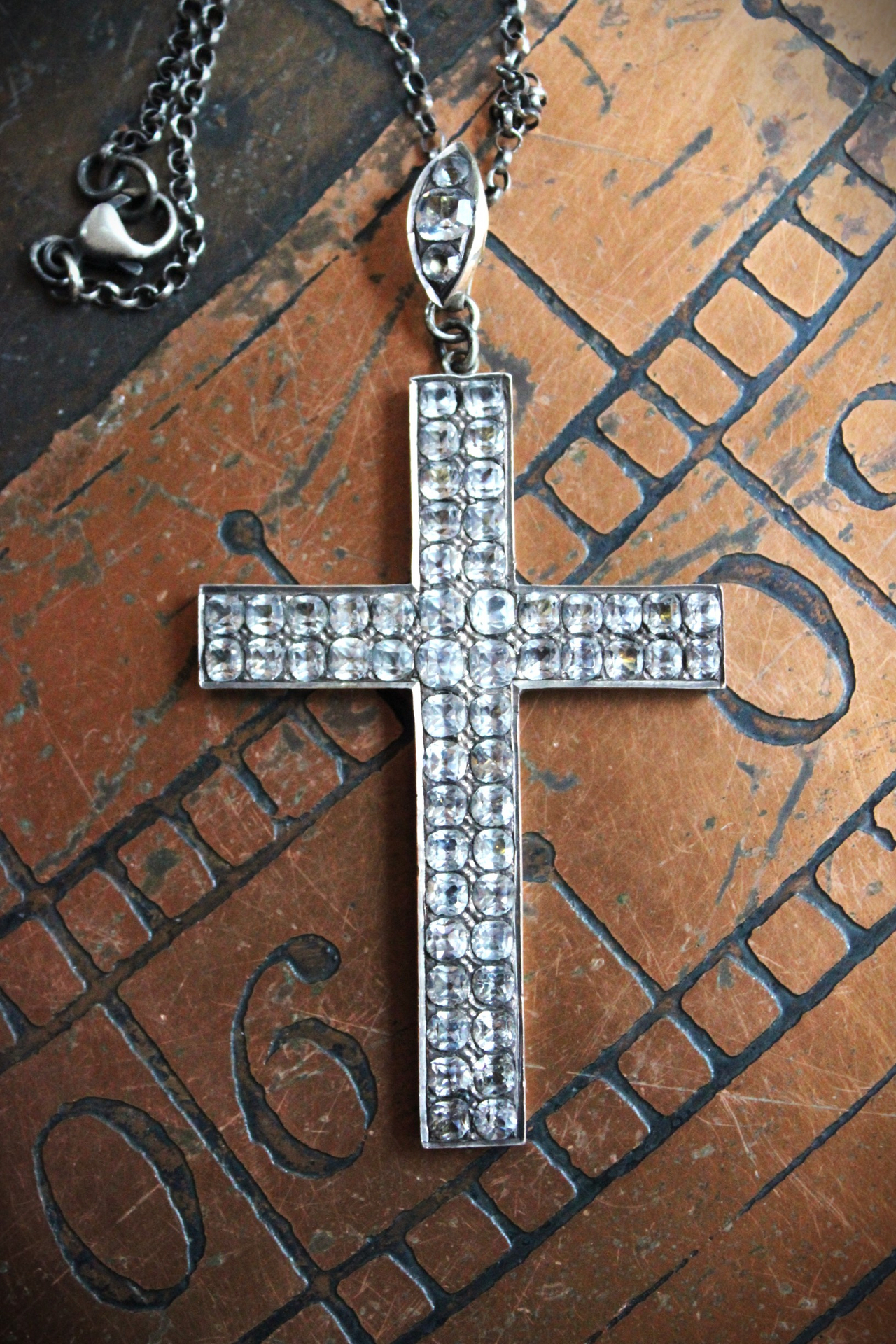 Exceptional & Rare Antique Faceted Georgian Paste Cross Necklace with Sterling Chain & Antique Rose Cut Georgian Paste Bale