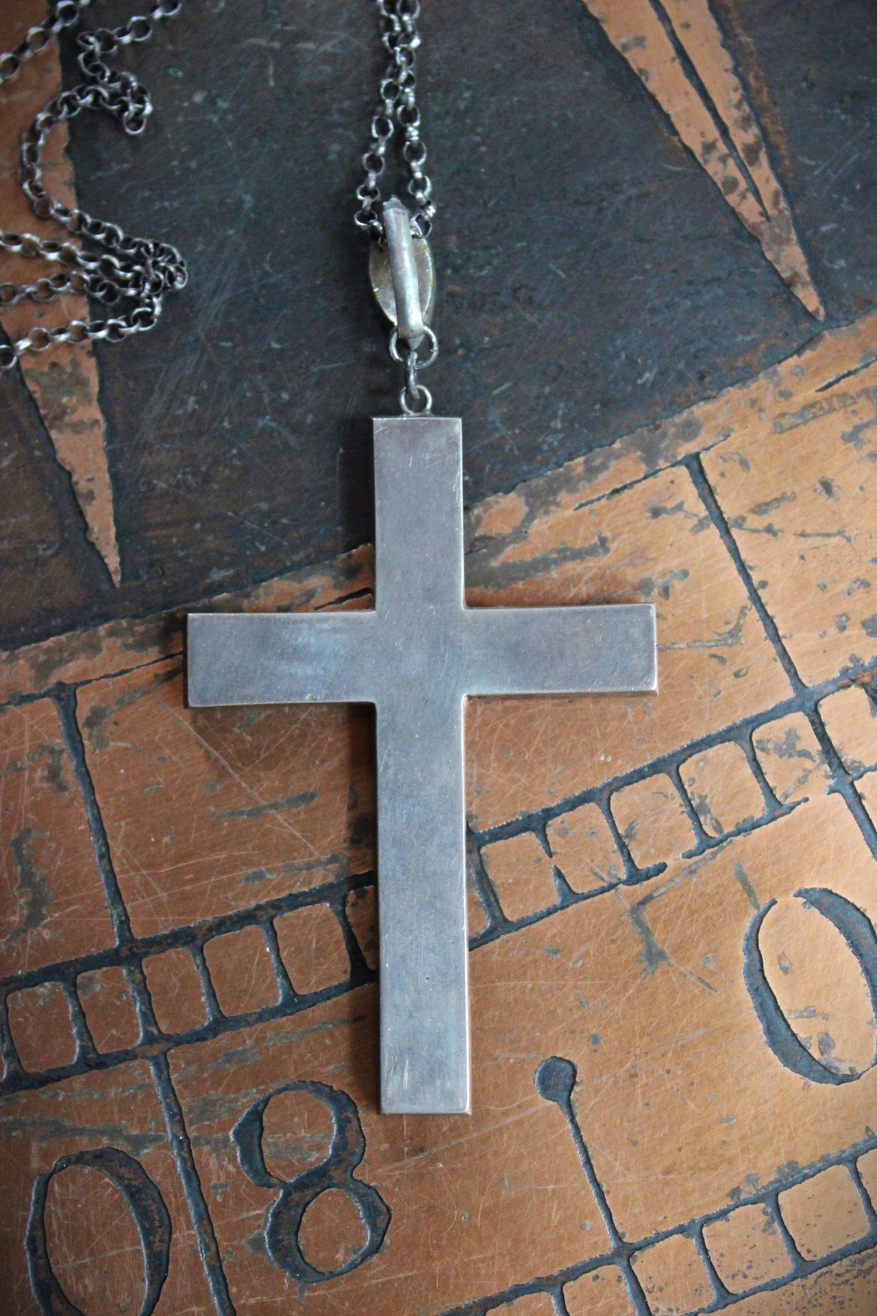 Exceptional & Rare Antique Faceted Georgian Paste Cross Necklace with Sterling Chain & Antique Rose Cut Georgian Paste Bale